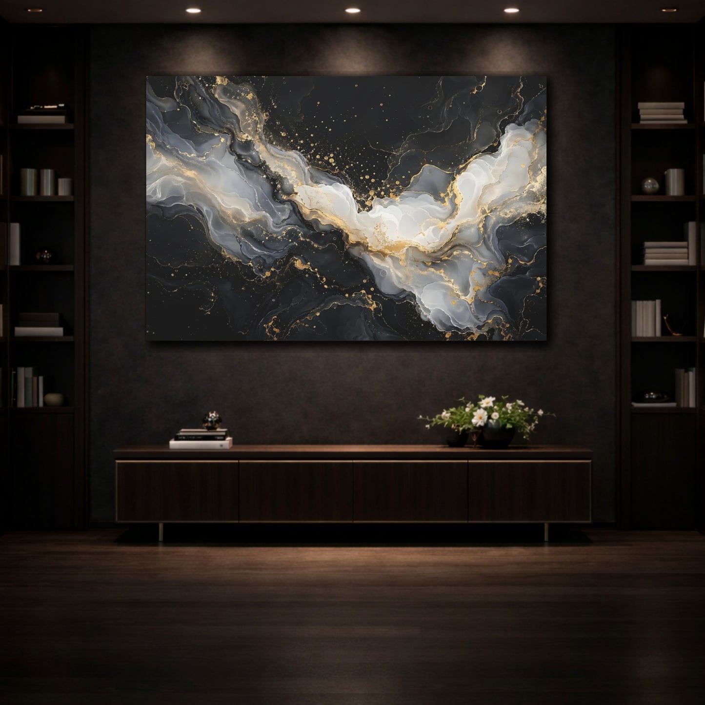 Mockup 3. Abstract Fluid Art Black And Gold shown as stretched canvas wall art