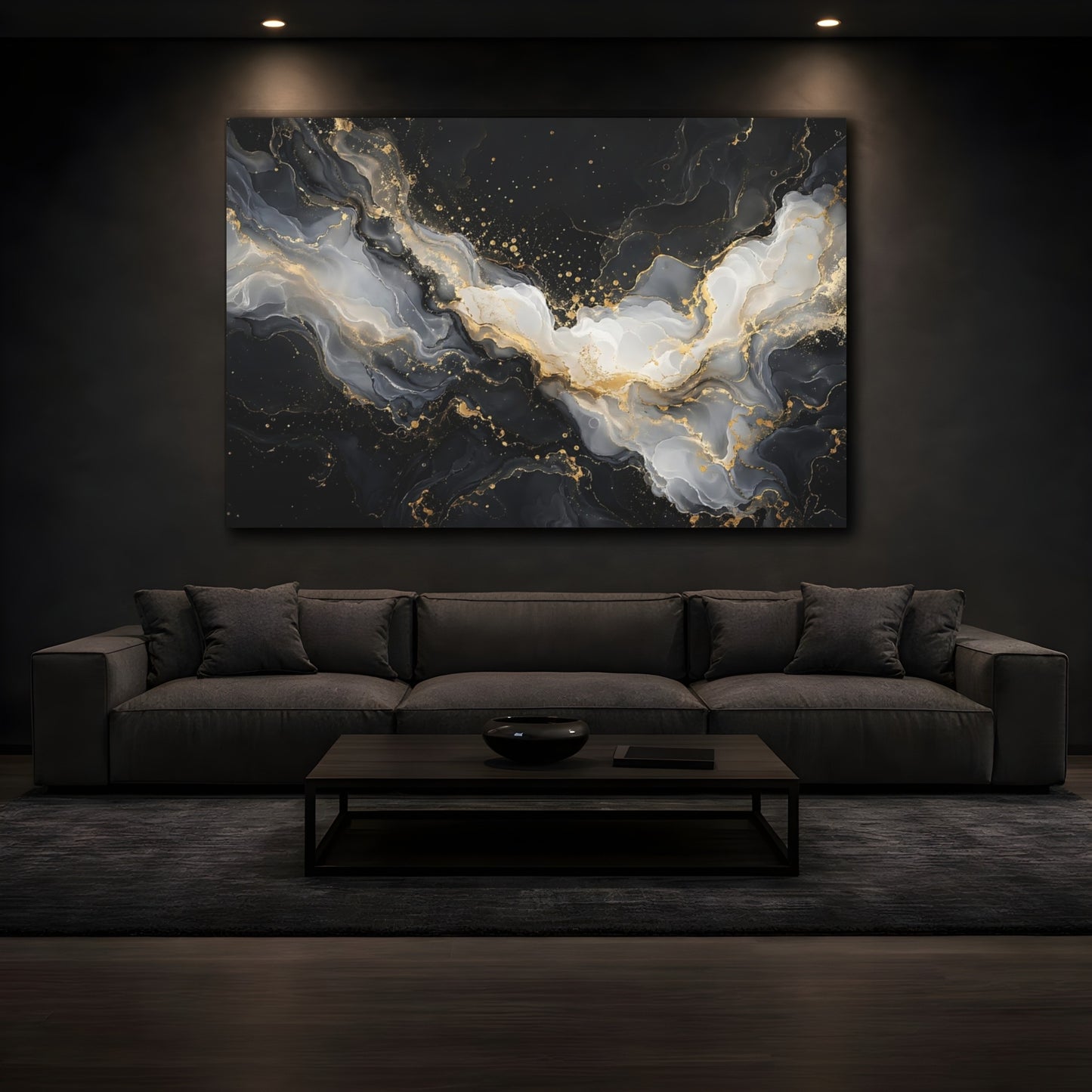 Mockup 4. Abstract Fluid Art Black And Gold shown as stretched canvas wall art