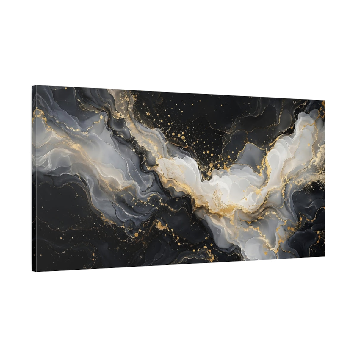 Main Mockup. Abstract Fluid Art Black Gold Abstract shown as stretched canvas wall art
