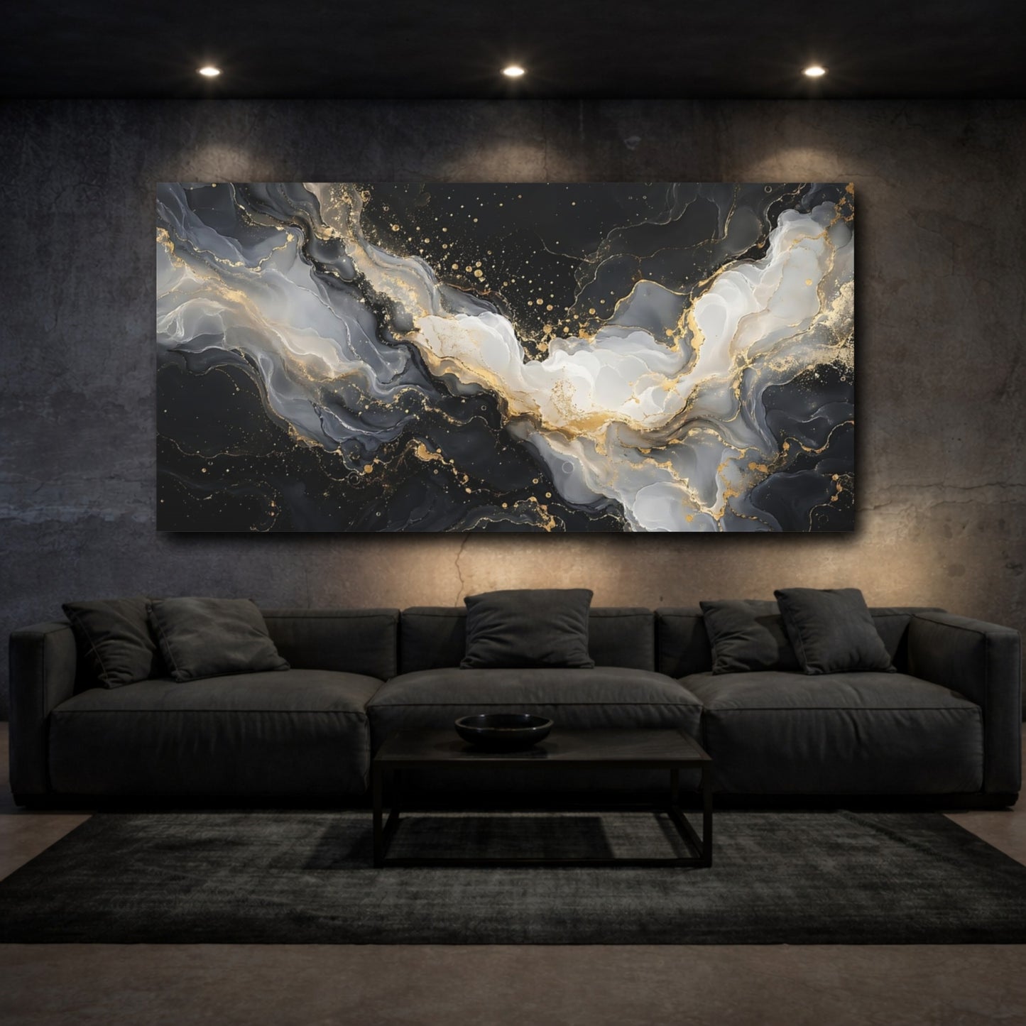 Mockup 2. Abstract Fluid Art Black Gold Abstract shown as stretched canvas wall art