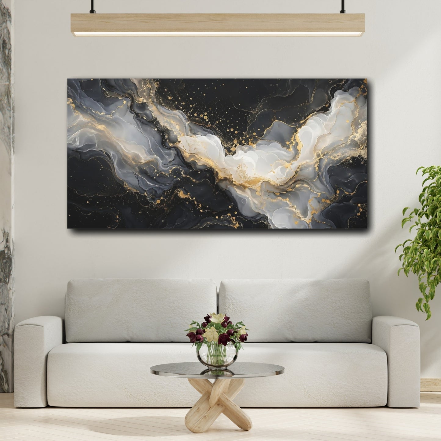 Mockup 3. Abstract Fluid Art Black Gold Abstract shown as stretched canvas wall art