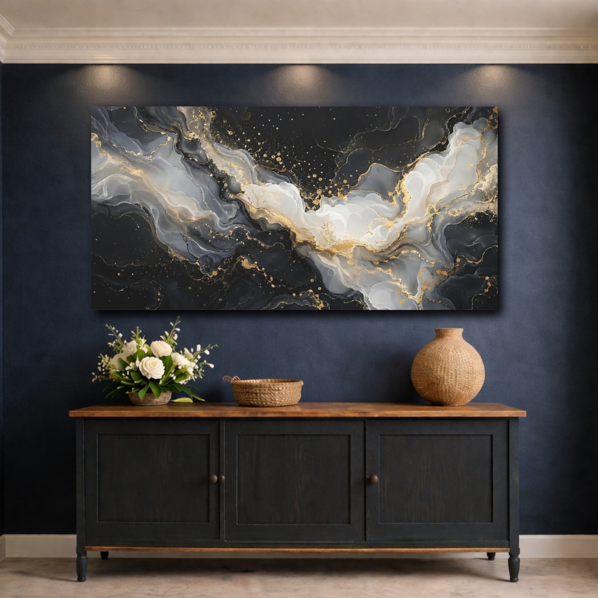 Mockup 4. Abstract Fluid Art Black Gold Abstract shown as stretched canvas wall art