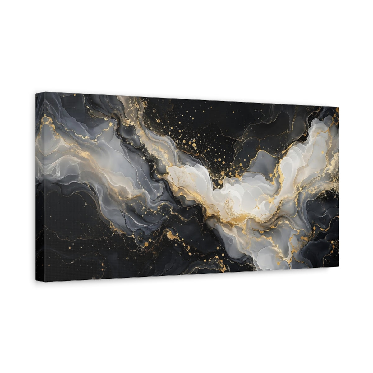 Side Mockup 3. Abstract Fluid Art Black Gold Abstract shown as stretched canvas wall art