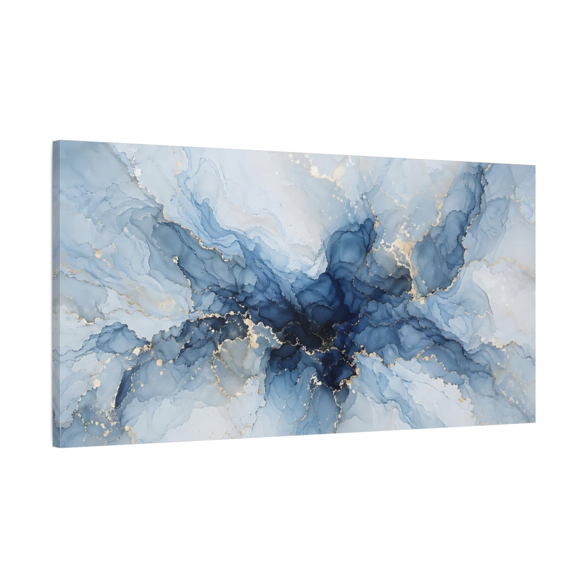Main Mockup. Abstract Fluid Art Blue And Gold shown as stretched canvas wall art