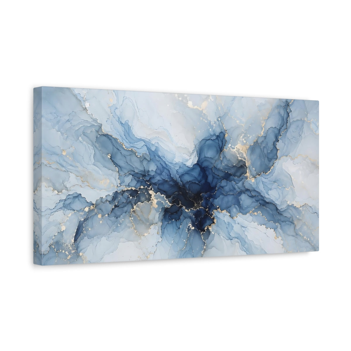 Side Mockup 3. Abstract Fluid Art Blue And Gold shown as stretched canvas wall art
