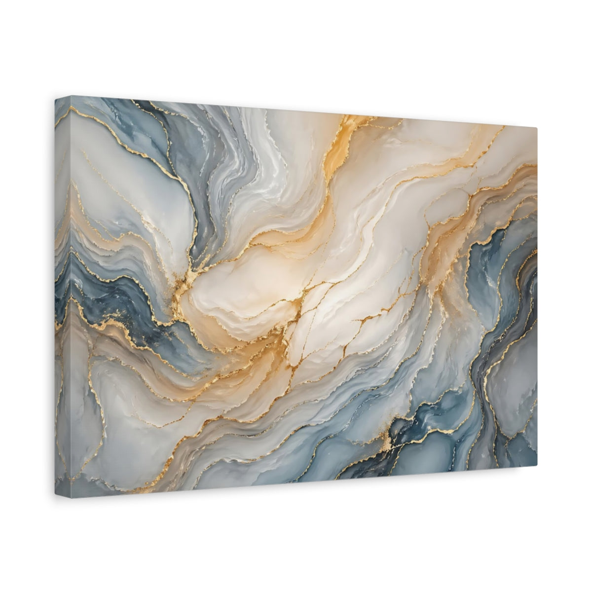 Side Mockup 4. Abstract Fluid Art Blue And Gold shown as stretched canvas wall art