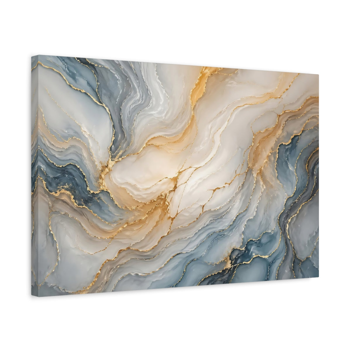 Side Mockup 3. Abstract Fluid Art Blue And Gold shown as stretched canvas wall art