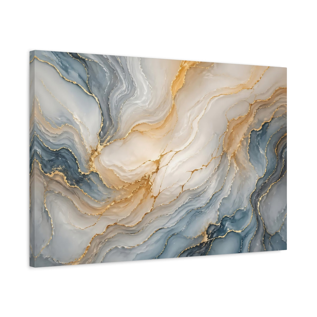 Side Mockup 2. Abstract Fluid Art Blue And Gold shown as stretched canvas wall art