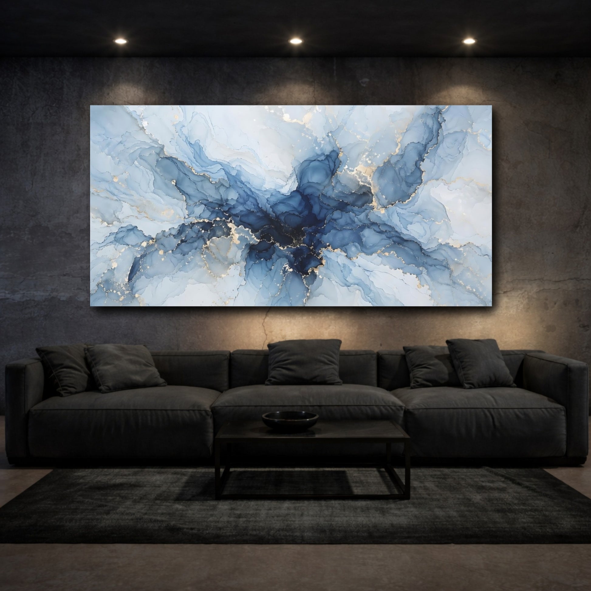 Mockup 2. Abstract Fluid Art Blue And Gold shown as stretched canvas wall art
