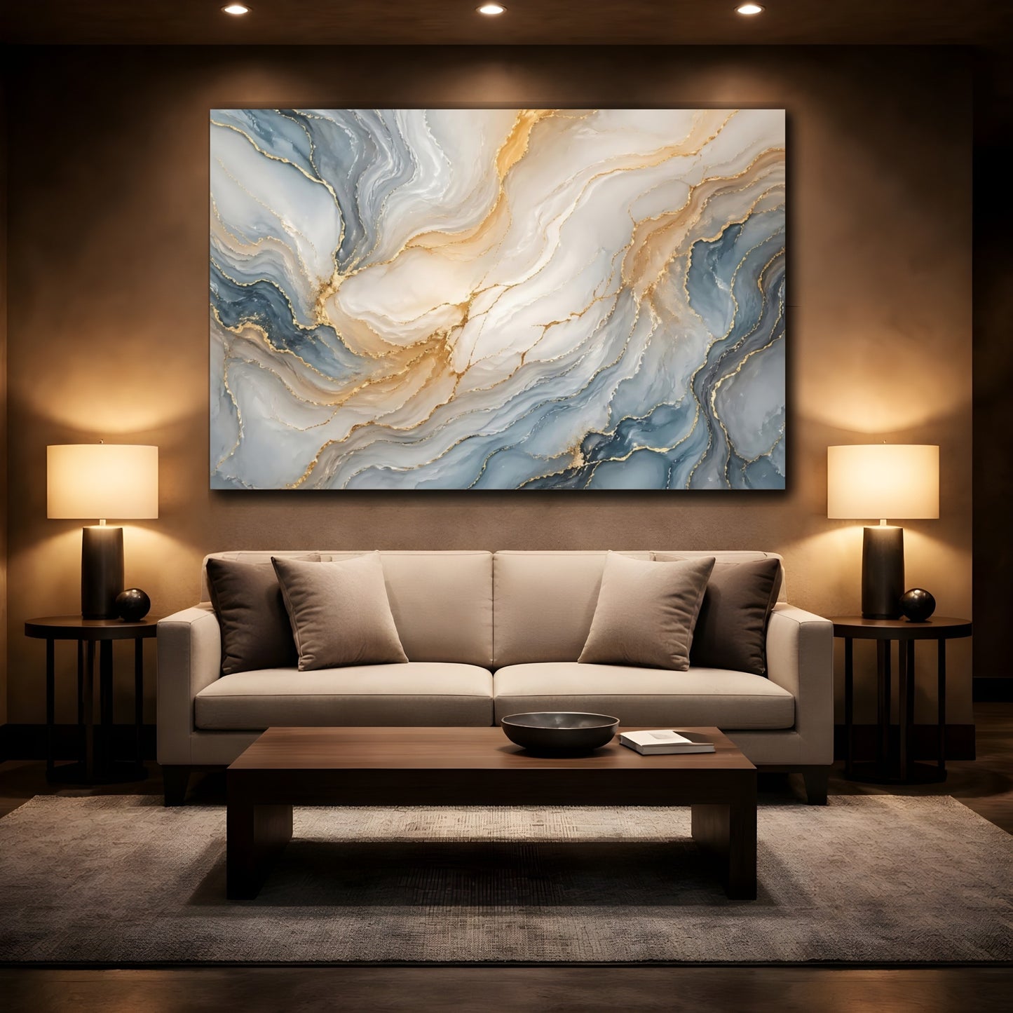 Mockup 2. Abstract Fluid Art Blue And Gold shown as stretched canvas wall art