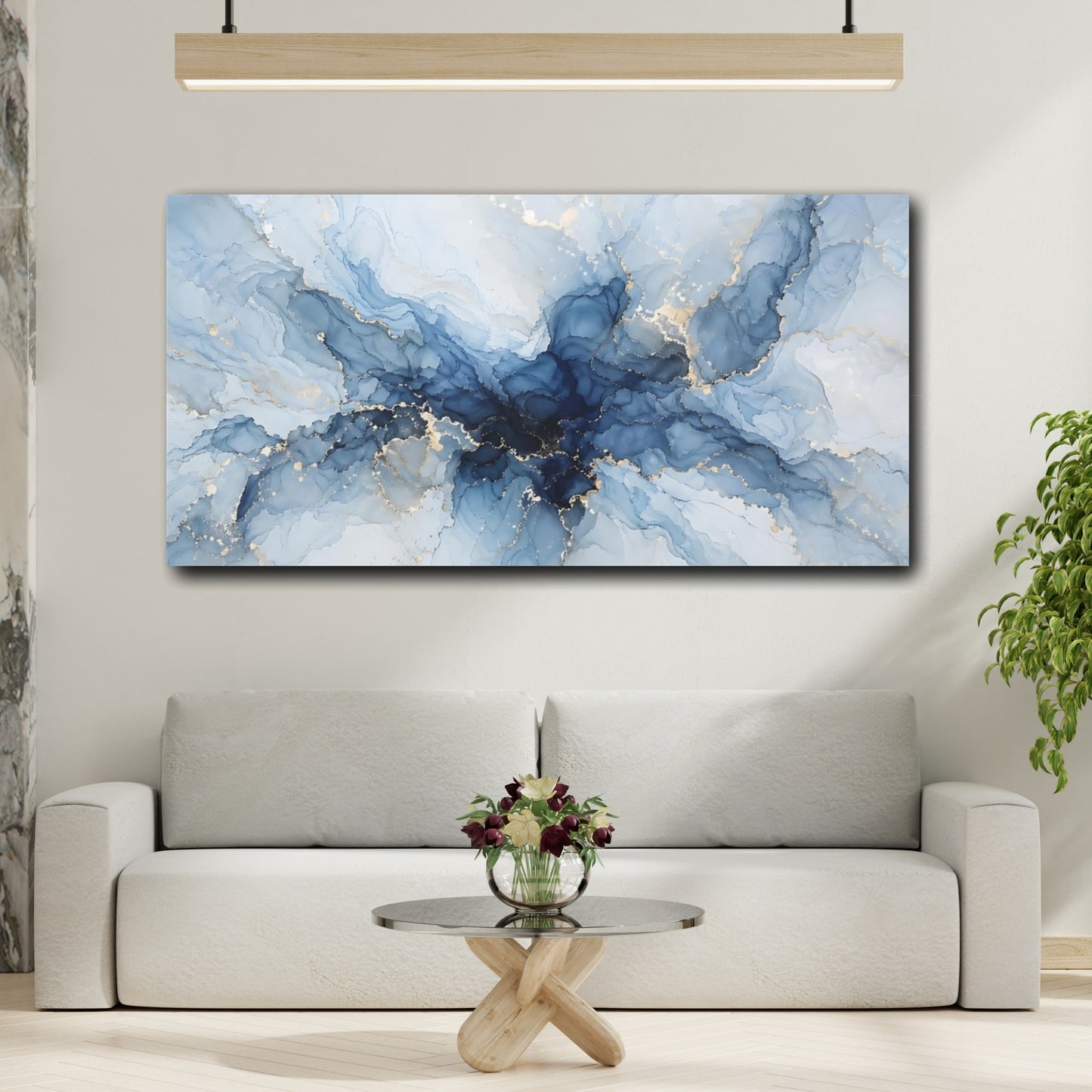 Mockup 3. Abstract Fluid Art Blue And Gold shown as stretched canvas wall art