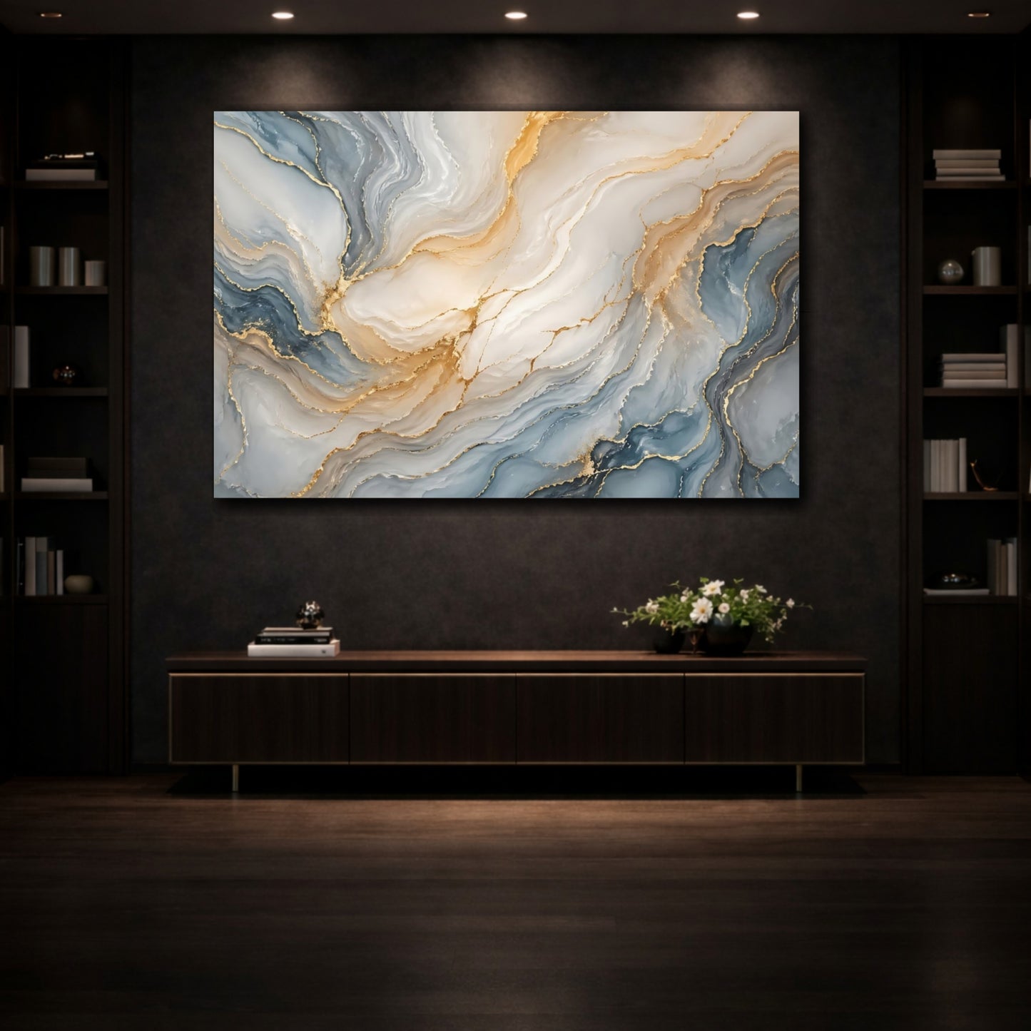 Mockup 3. Abstract Fluid Art Blue And Gold shown as stretched canvas wall art