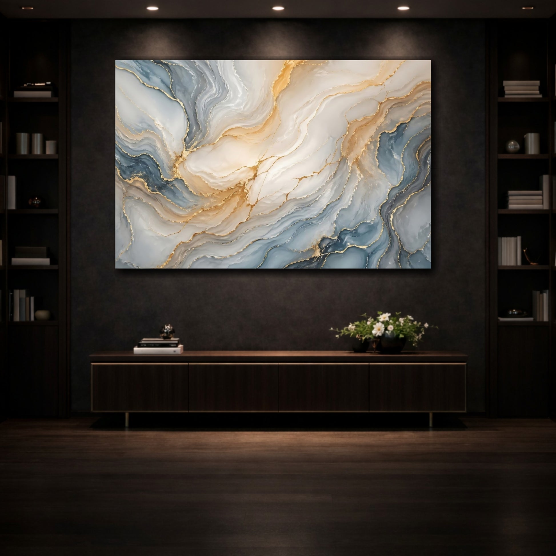 Mockup 3. Abstract Fluid Art Blue And Gold shown as stretched canvas wall art