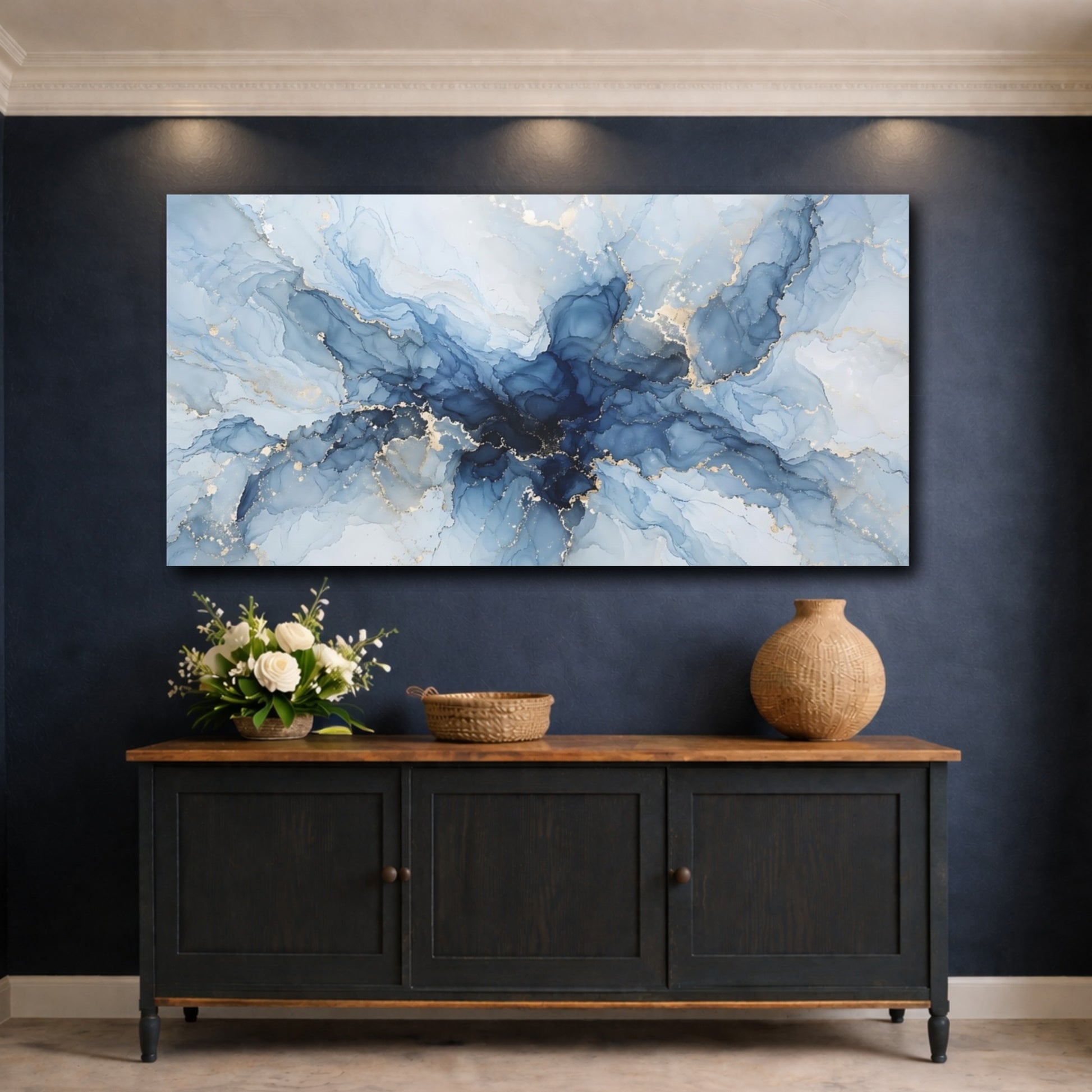 Mockup 4. Abstract Fluid Art Blue And Gold shown as stretched canvas wall art