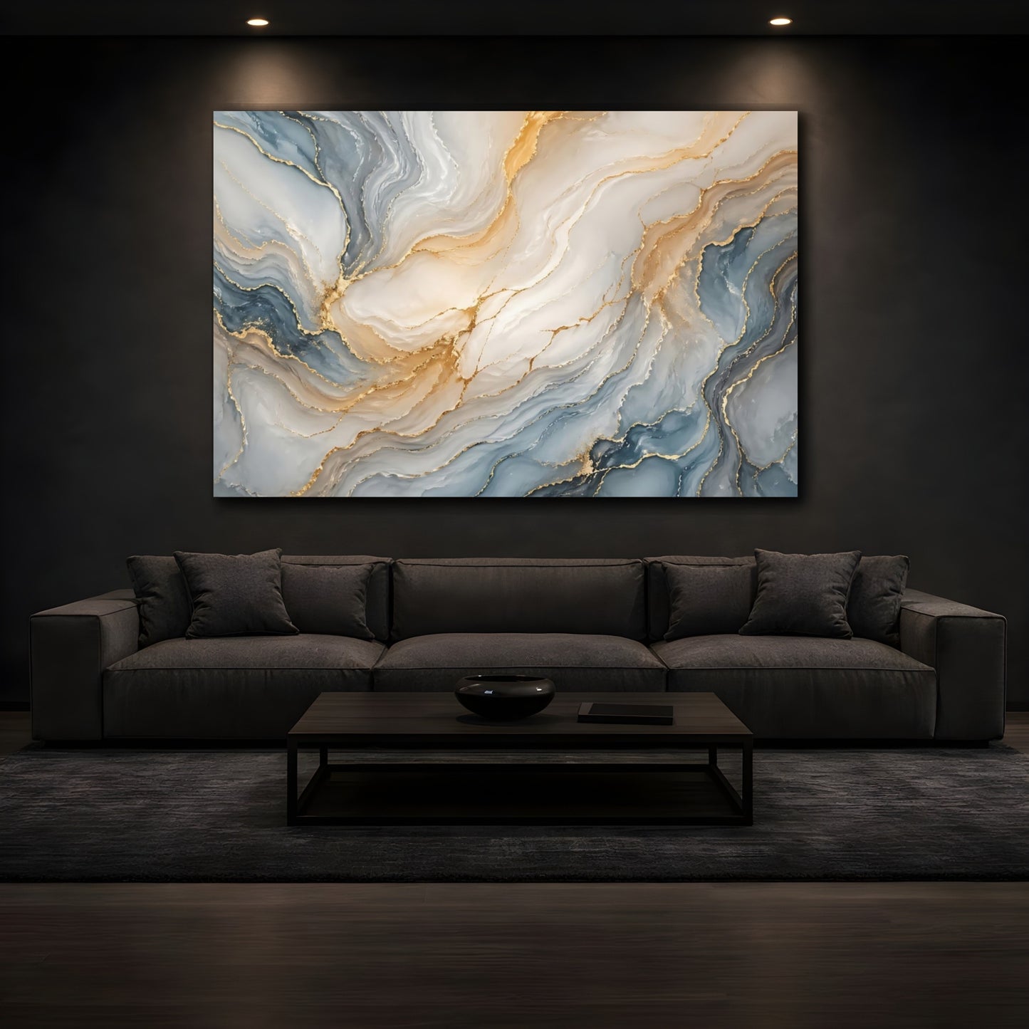 Mockup 4. Abstract Fluid Art Blue And Gold shown as stretched canvas wall art