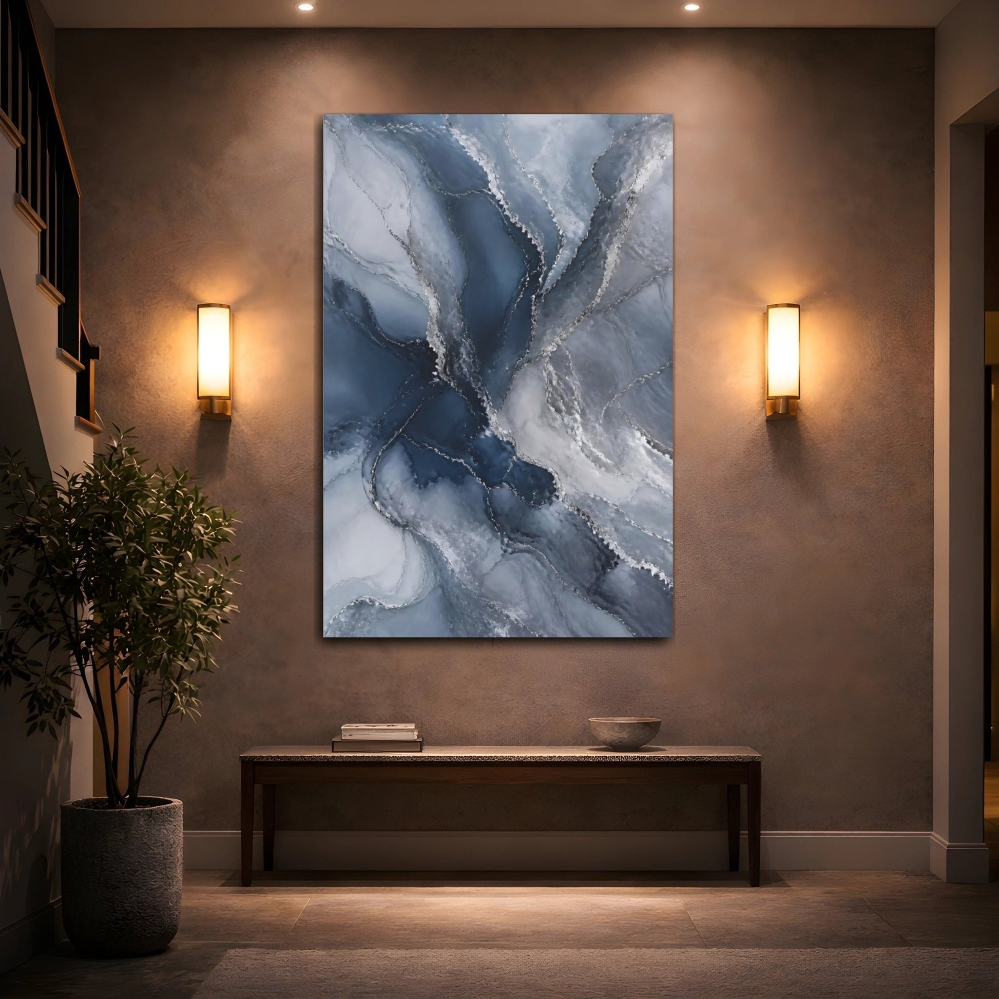 Abstract Fluid Art Blue And Silver Canvas Print – Living Room, Above Fireplace - YesArtYes