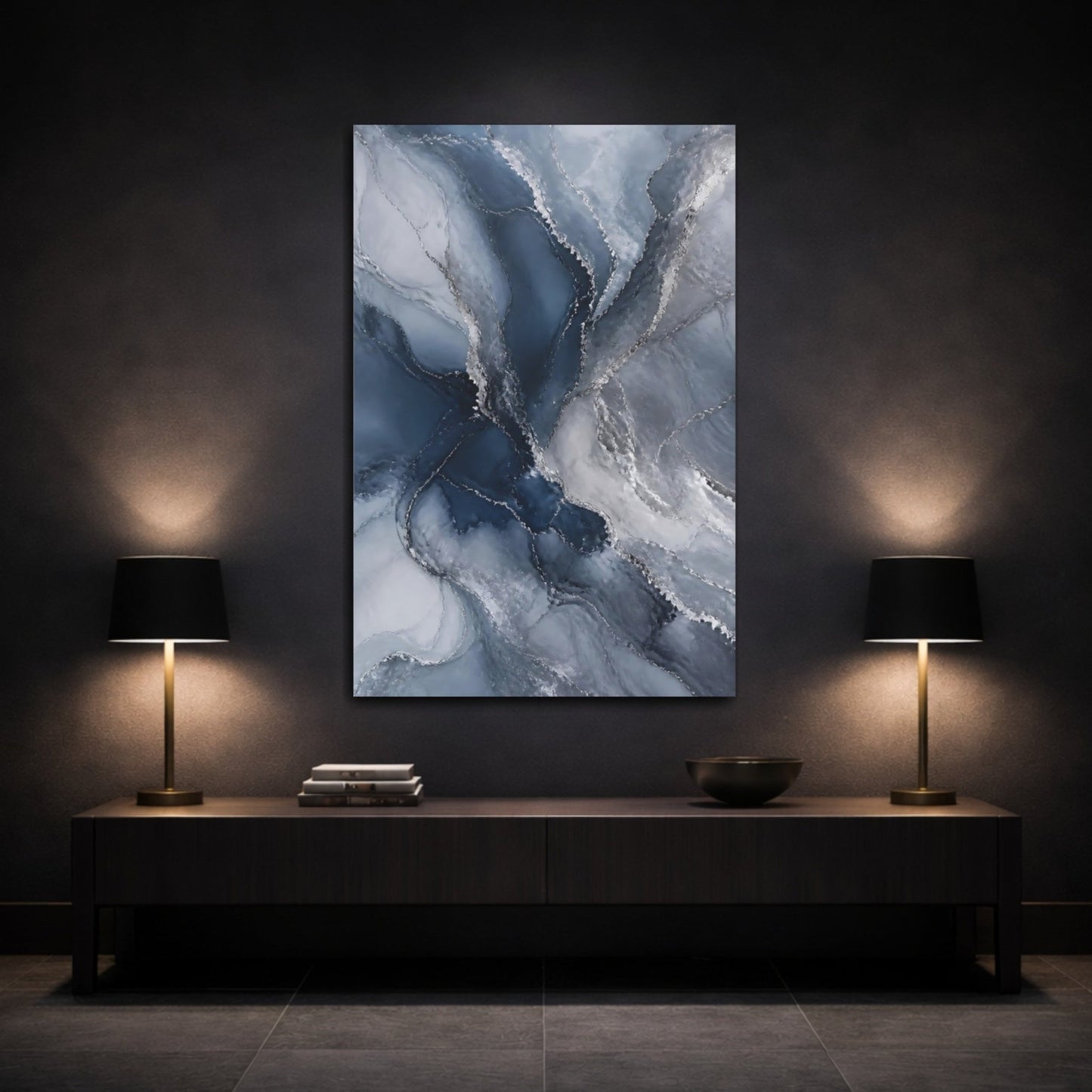 Abstract Fluid Art Blue And Silver Canvas Print – Living Room, Above Fireplace - YesArtYes