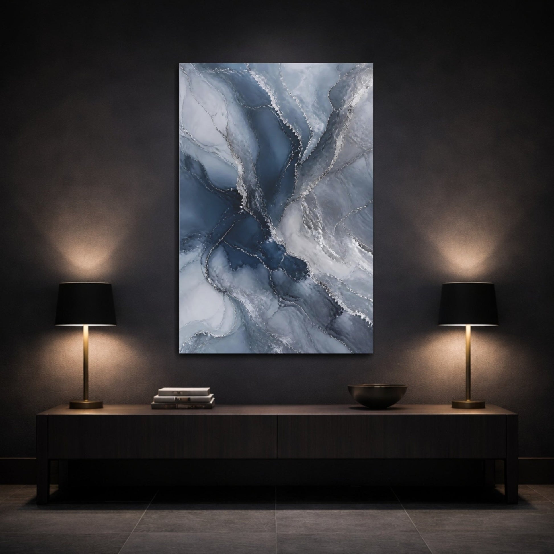 Abstract Fluid Art Blue And Silver Canvas Print – Living Room, Above Fireplace - YesArtYes