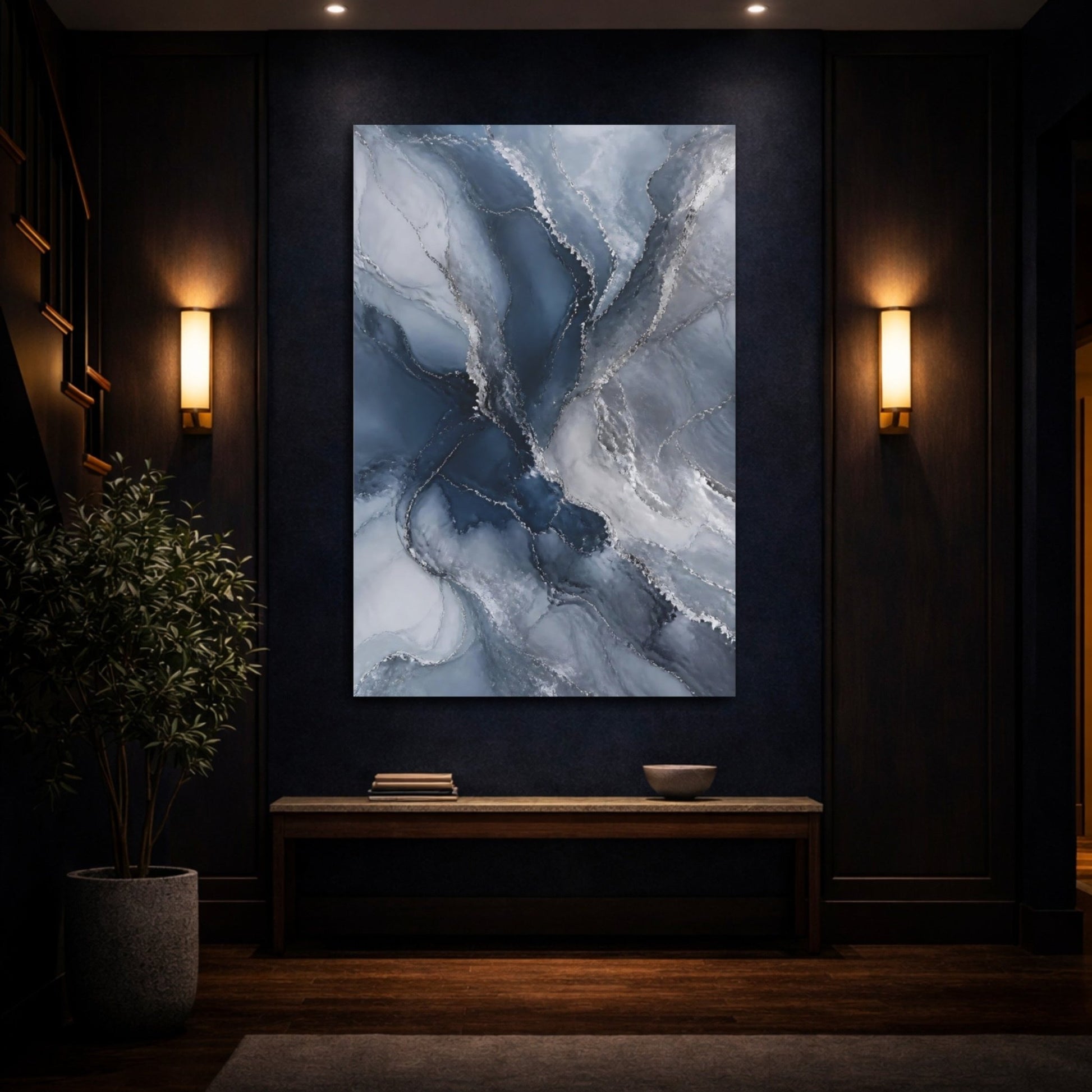 Abstract Fluid Art Blue And Silver Canvas Print – Living Room, Above Fireplace - YesArtYes