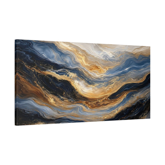 Main Mockup. Abstract Fluid Art Blue Gold Abstract shown as stretched canvas wall art