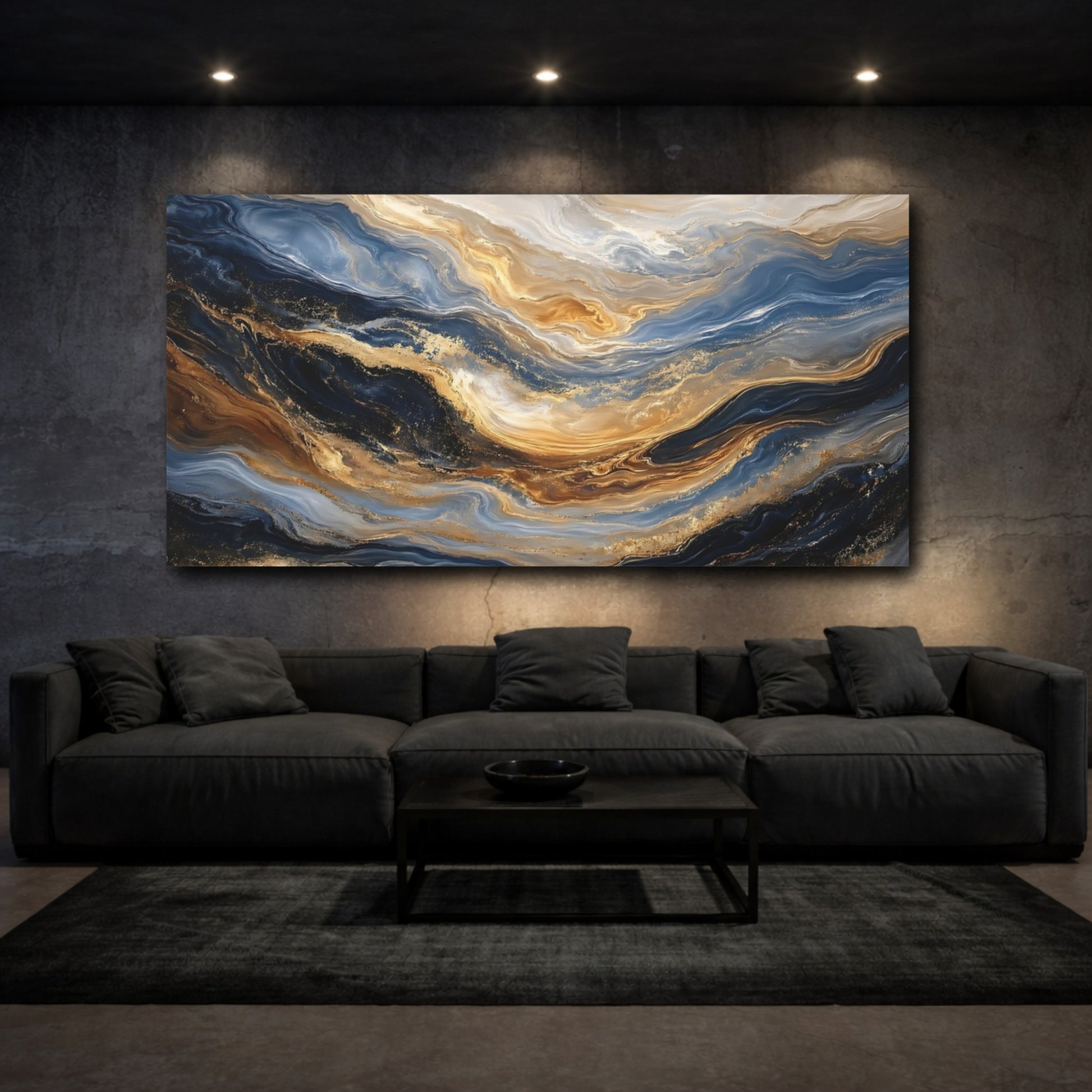 Mockup 2. Abstract Fluid Art Blue Gold Abstract shown as stretched canvas wall art