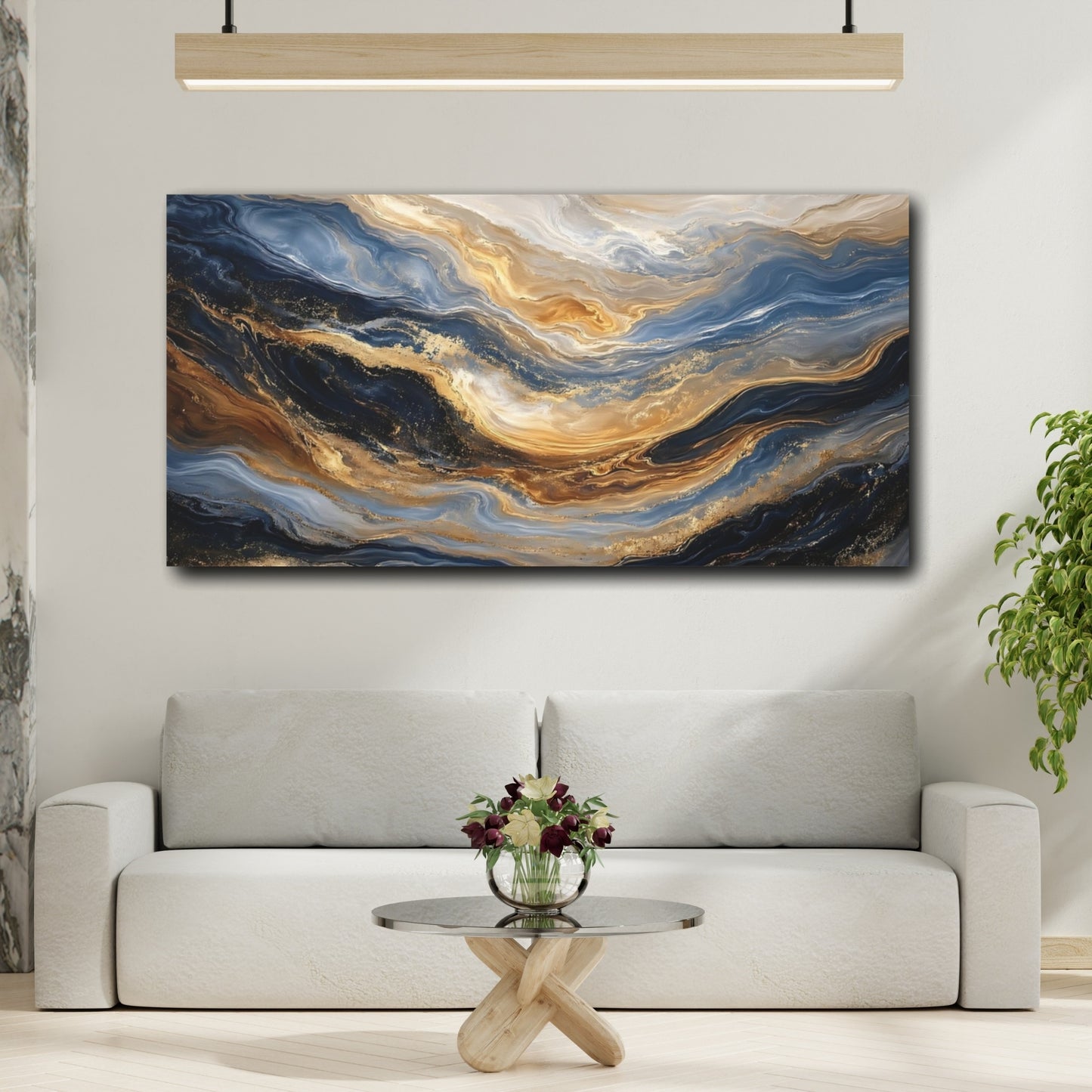Mockup 3. Abstract Fluid Art Blue Gold Abstract shown as stretched canvas wall art