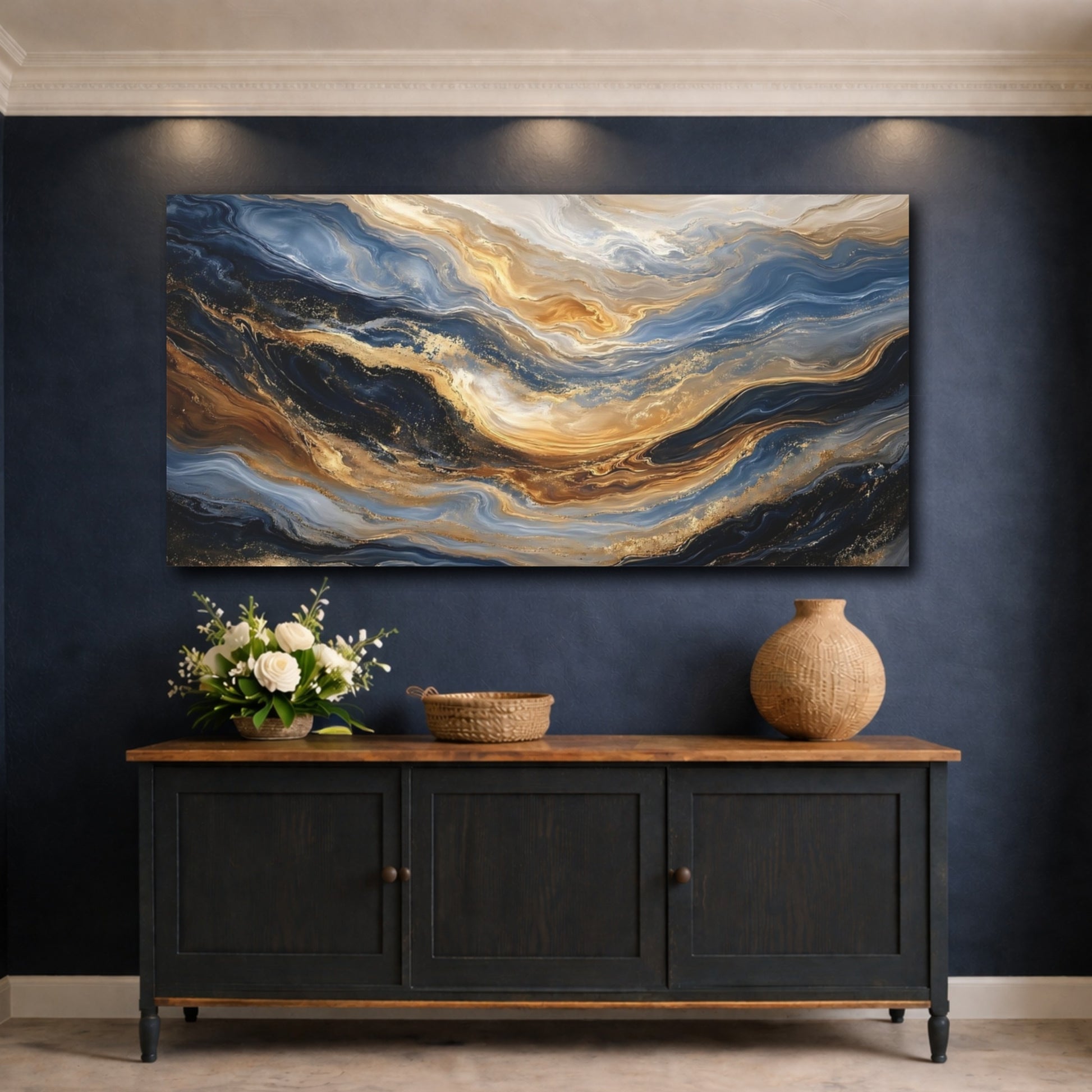 Mockup 4. Abstract Fluid Art Blue Gold Abstract shown as stretched canvas wall art