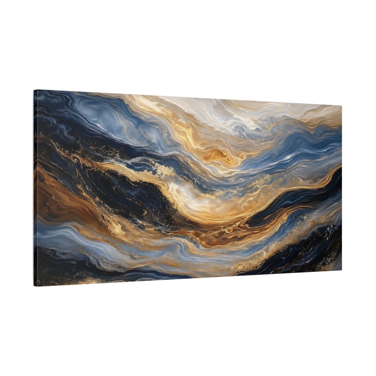 Side Mockup 2. Abstract Fluid Art Blue Gold Abstract shown as stretched canvas wall art