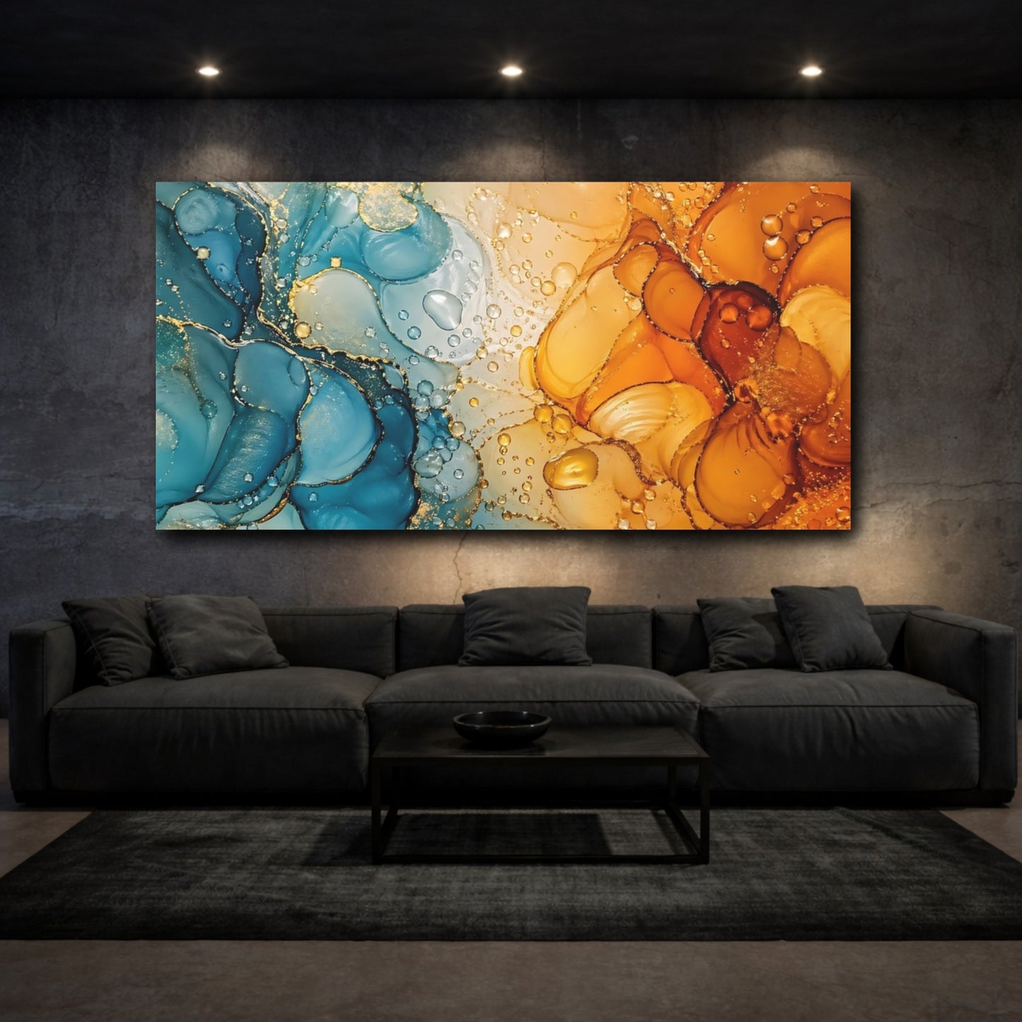 Mockup 2. Abstract Fluid Art Blue Orange Abstract shown as stretched canvas wall art