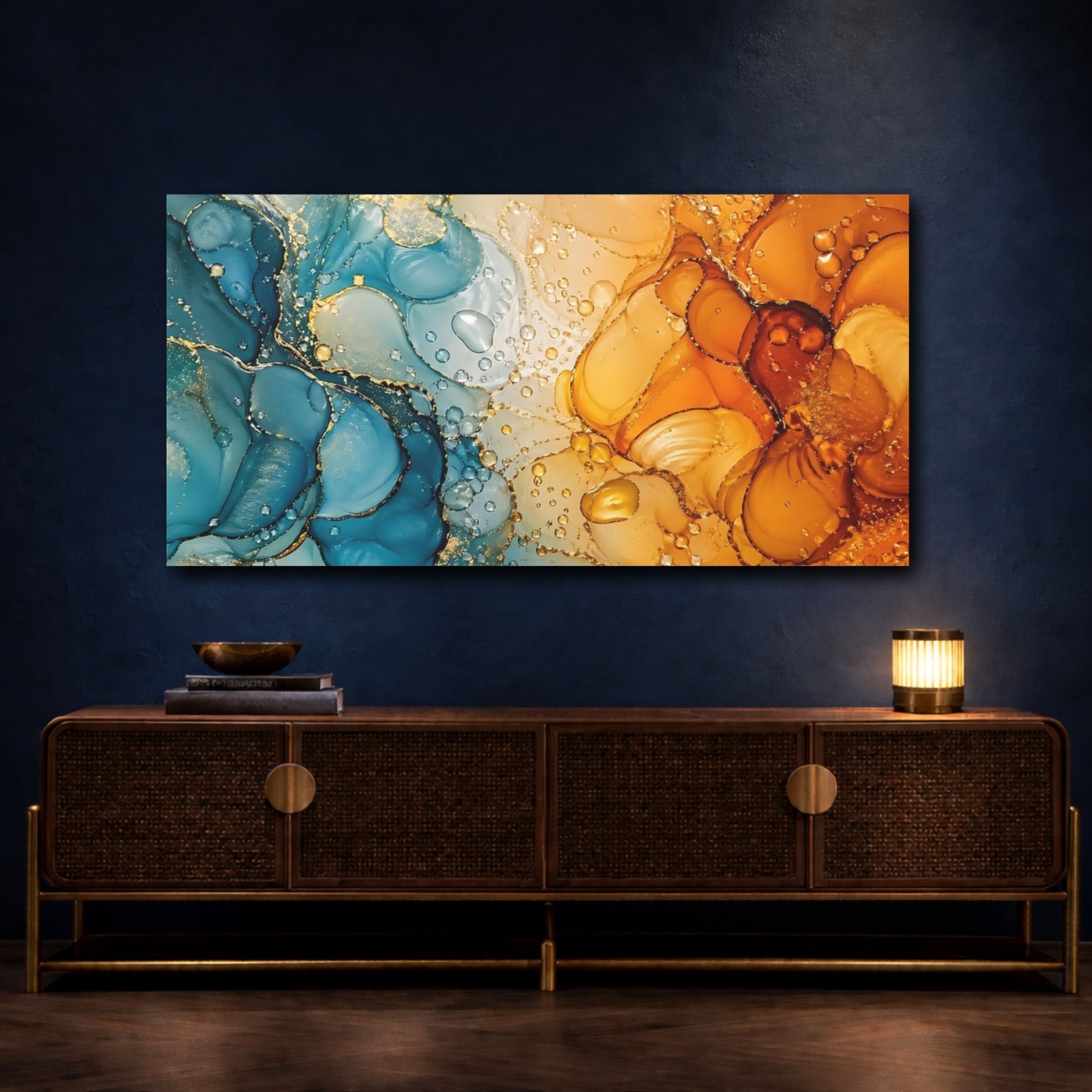 Mockup 3. Abstract Fluid Art Blue Orange Abstract shown as stretched canvas wall art