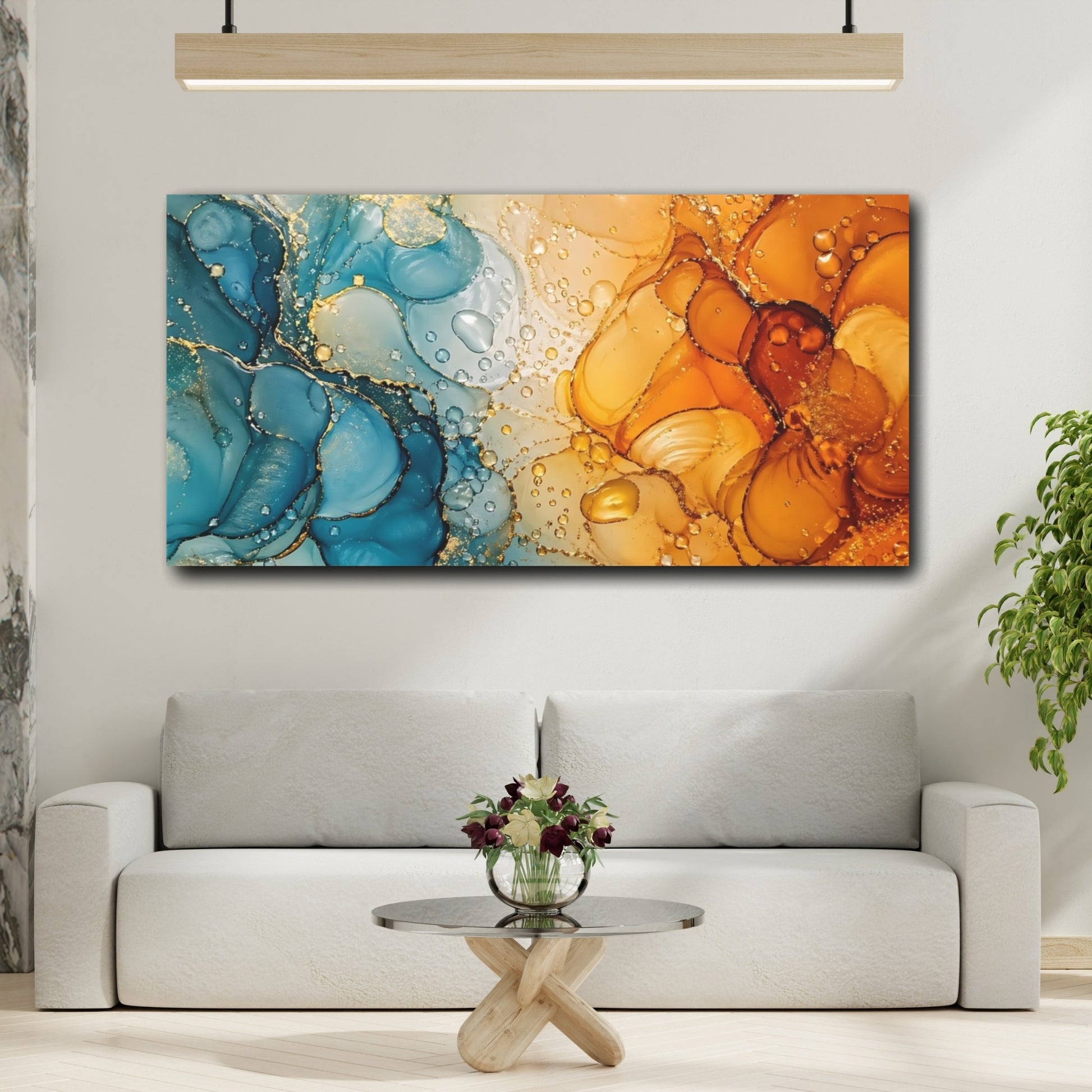 Mockup 4. Abstract Fluid Art Blue Orange Abstract shown as stretched canvas wall art
