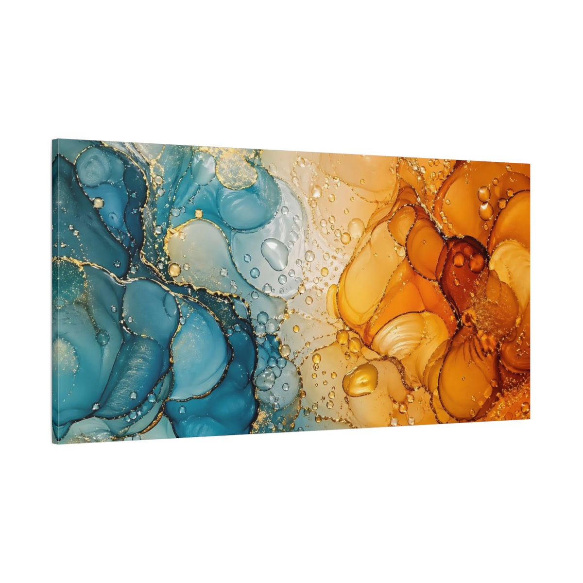 Side Mockup 2. Abstract Fluid Art Blue Orange Abstract shown as stretched canvas wall art