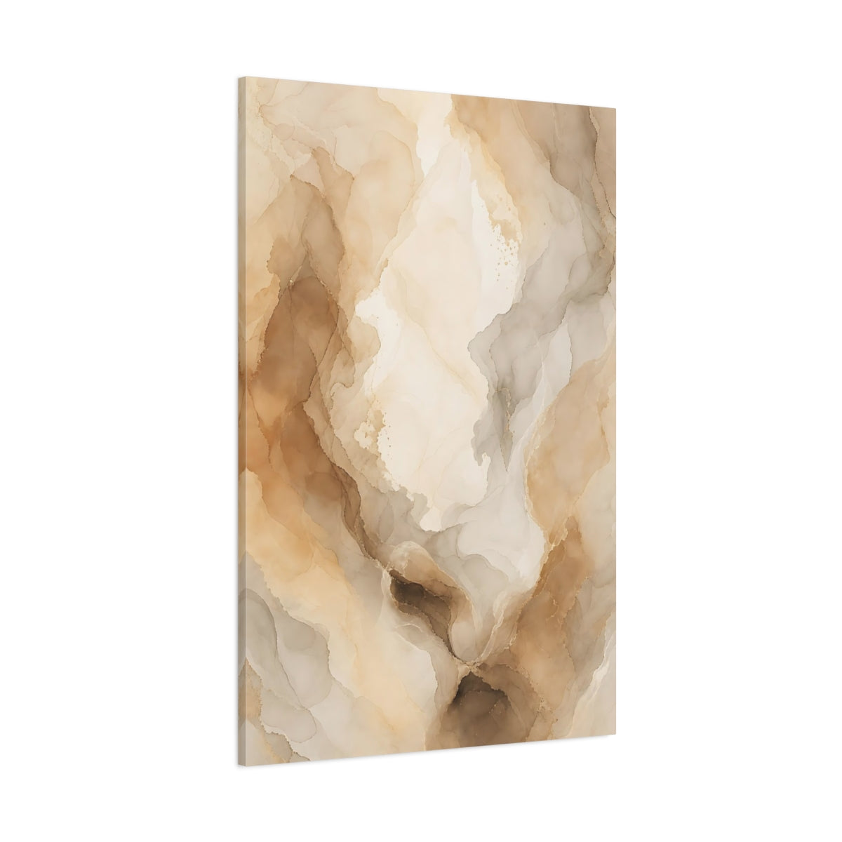 Side Mockup 1. Abstract Fluid Art Brown And Beige shown as stretched canvas wall art