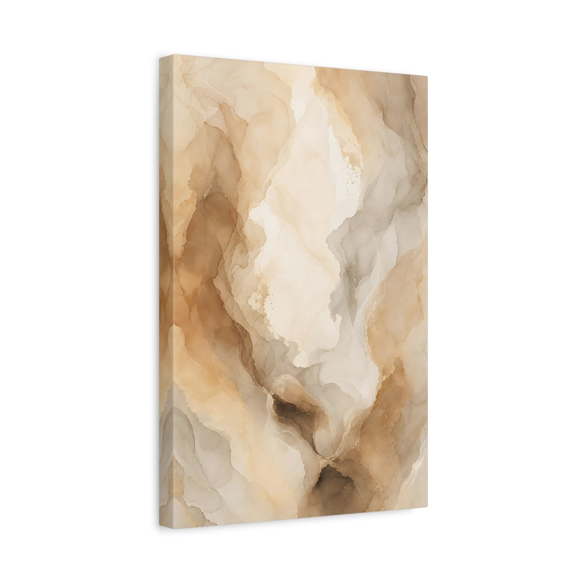Side Mockup 4. Abstract Fluid Art Brown And Beige shown as stretched canvas wall art