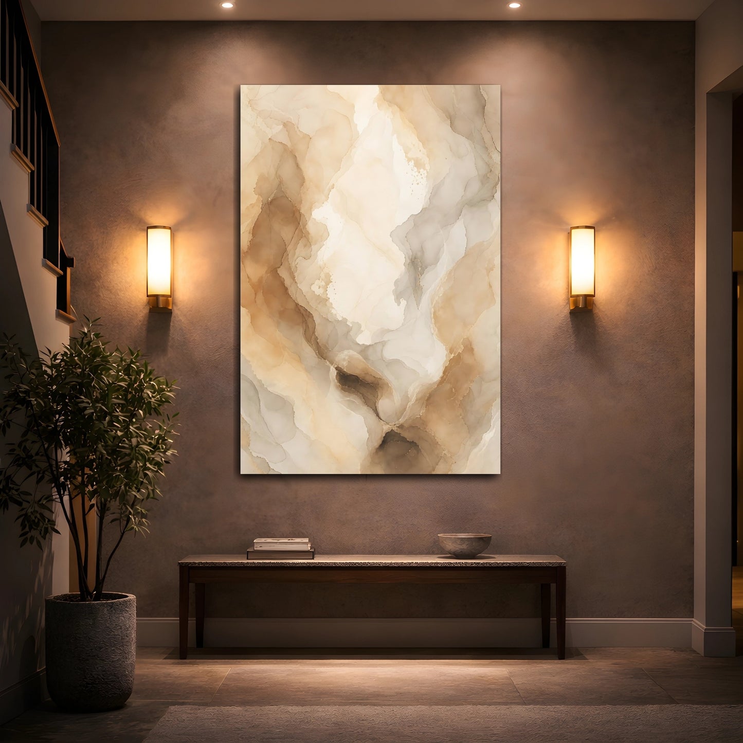Mockup 2. Abstract Fluid Art Brown And Beige shown as stretched canvas wall art