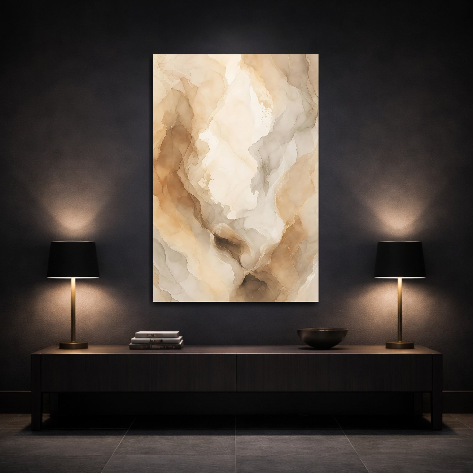 Mockup 3. Abstract Fluid Art Brown And Beige shown as stretched canvas wall art