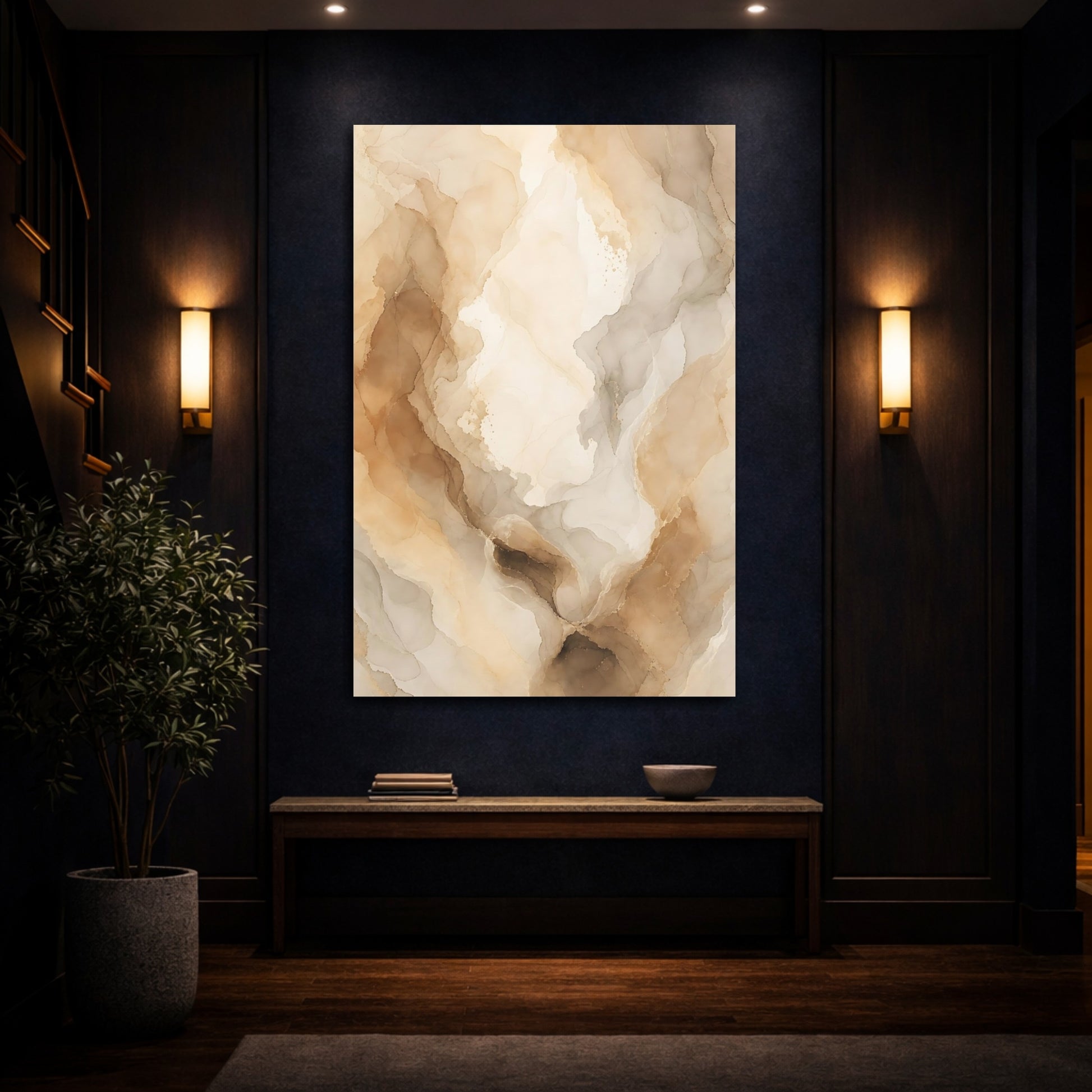 Mockup 4. Abstract Fluid Art Brown And Beige shown as stretched canvas wall art