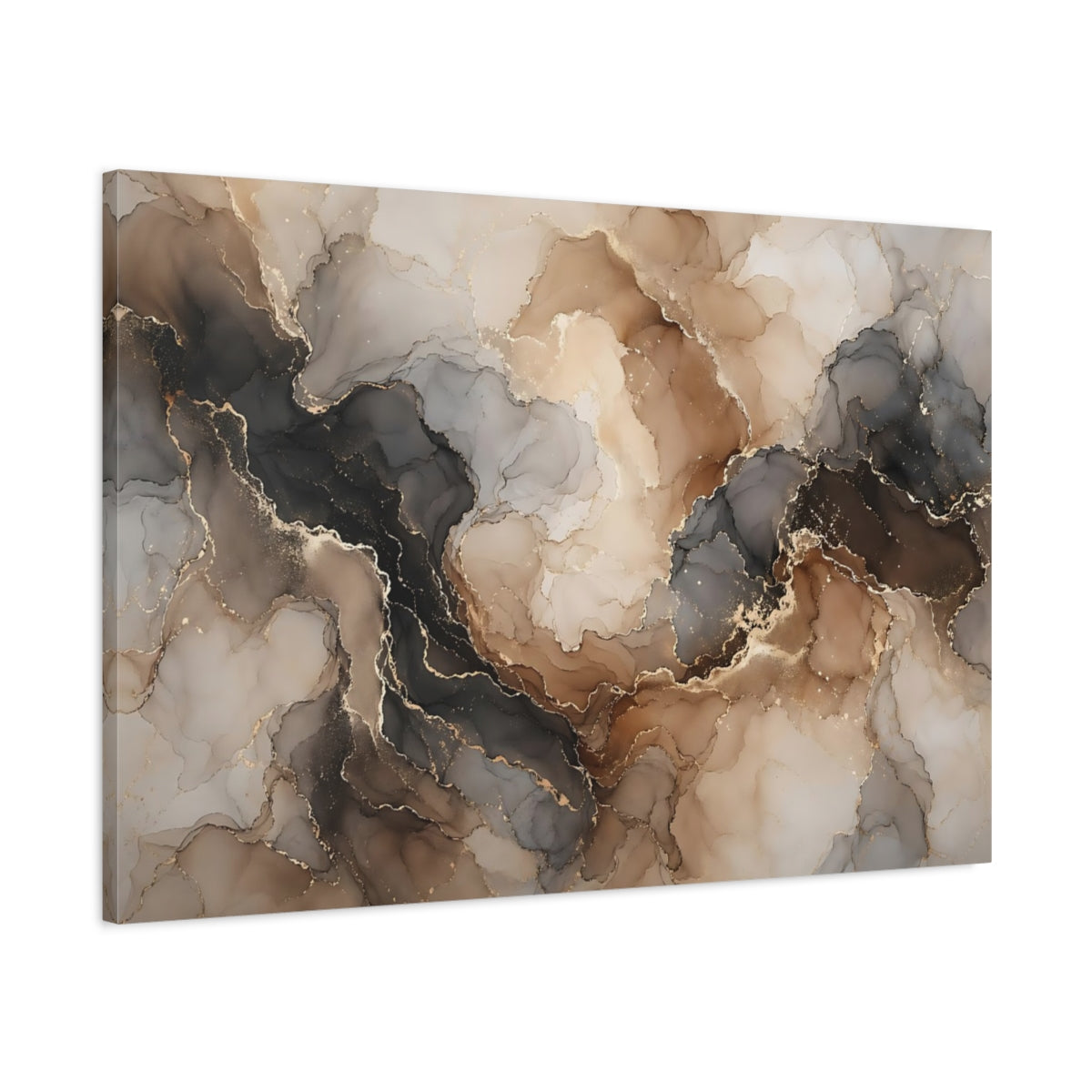 Main Mockup. Abstract Fluid Art Brown Gold Abstract shown as stretched canvas wall art