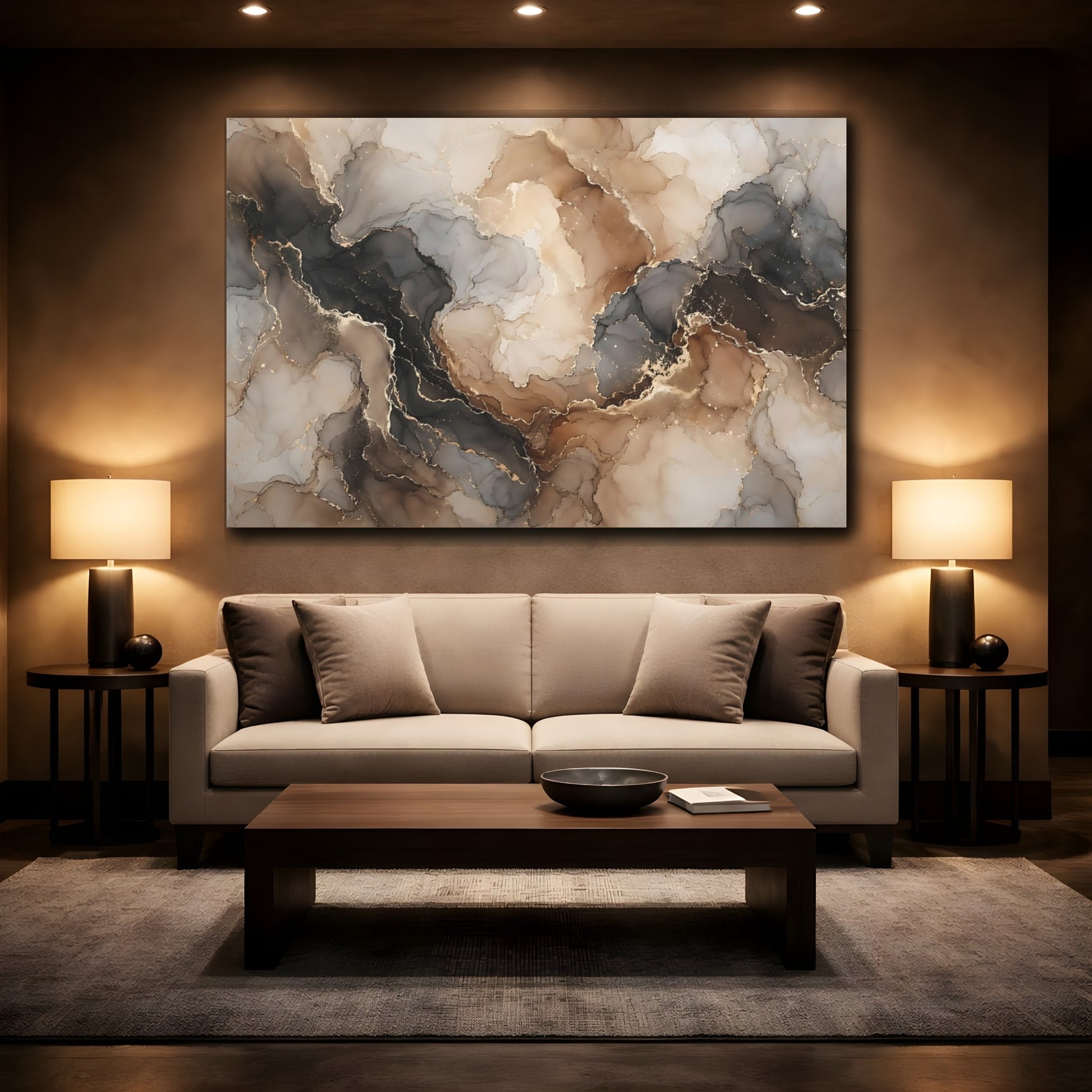 Mockup 2. Abstract Fluid Art Brown Gold Abstract shown as stretched canvas wall art