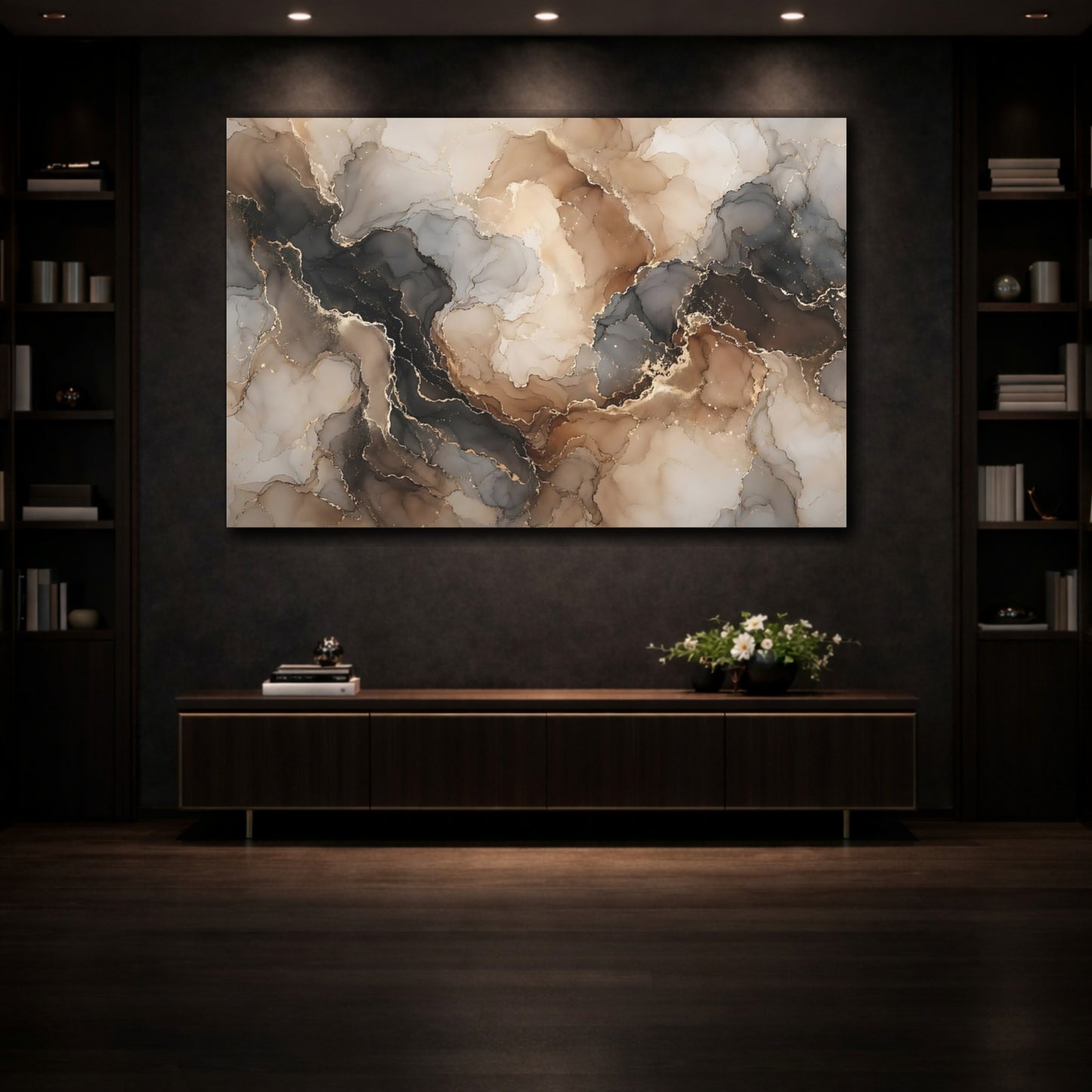 Mockup 3. Abstract Fluid Art Brown Gold Abstract shown as stretched canvas wall art