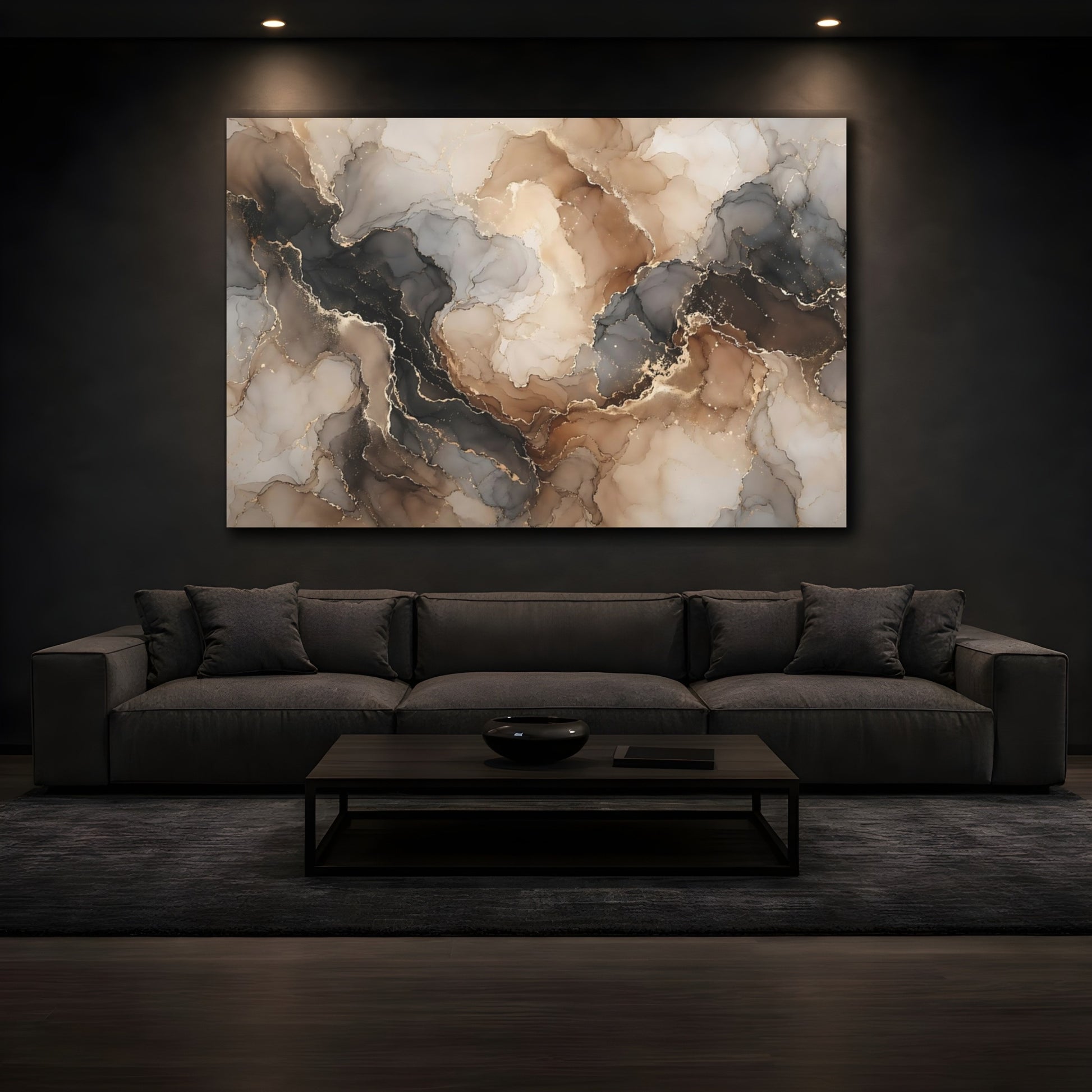 Mockup 4. Abstract Fluid Art Brown Gold Abstract shown as stretched canvas wall art
