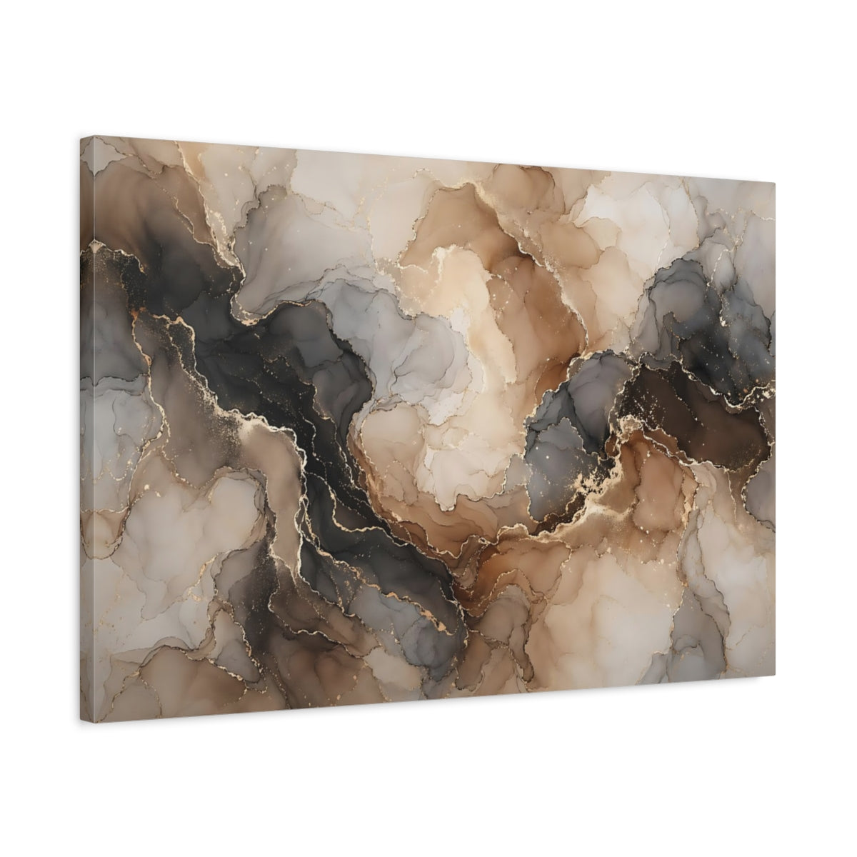 Side Mockup 2. Abstract Fluid Art Brown Gold Abstract shown as stretched canvas wall art