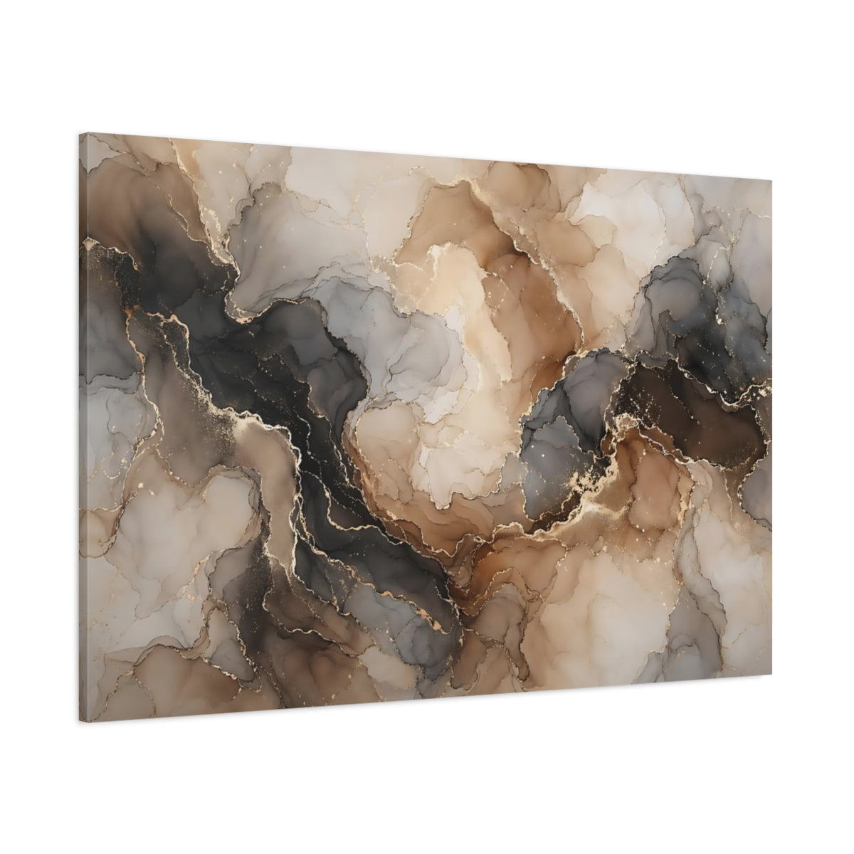 Side Mockup 1. Abstract Fluid Art Brown Gold Abstract shown as stretched canvas wall art