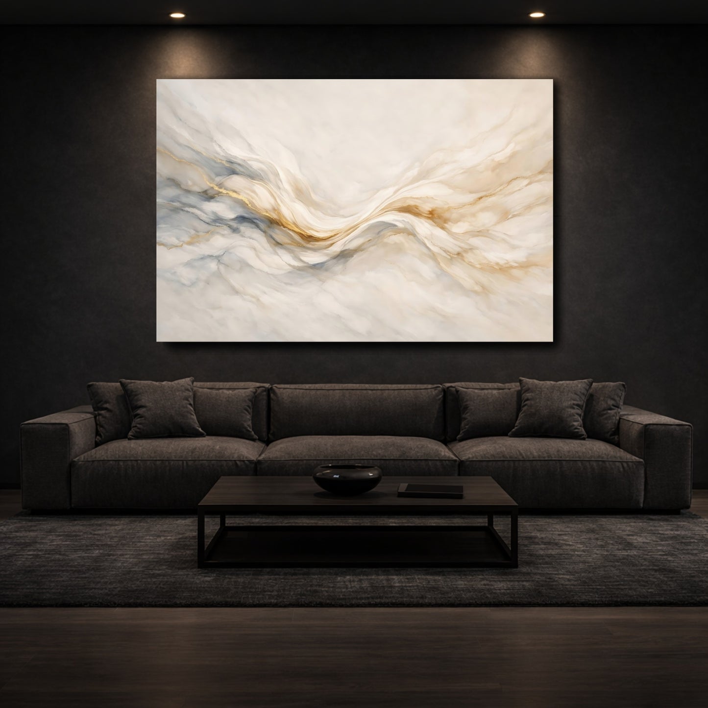 Mockup 2. Abstract Fluid Art Cream Gold Grey shown as stretched canvas wall art