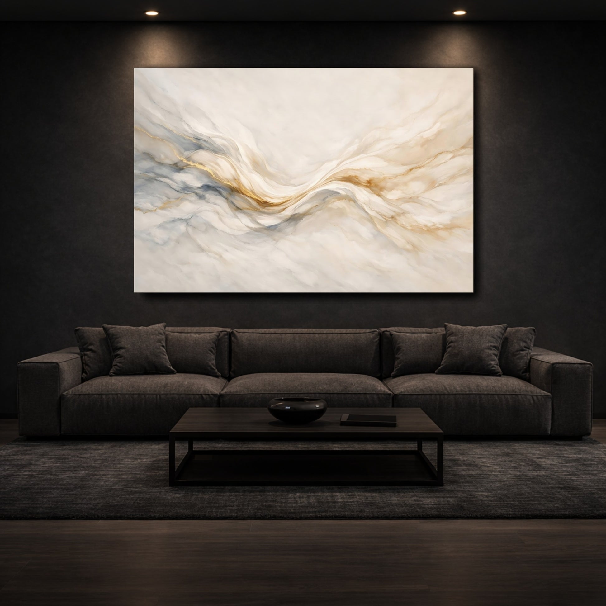 Mockup 2. Abstract Fluid Art Cream Gold Grey shown as stretched canvas wall art