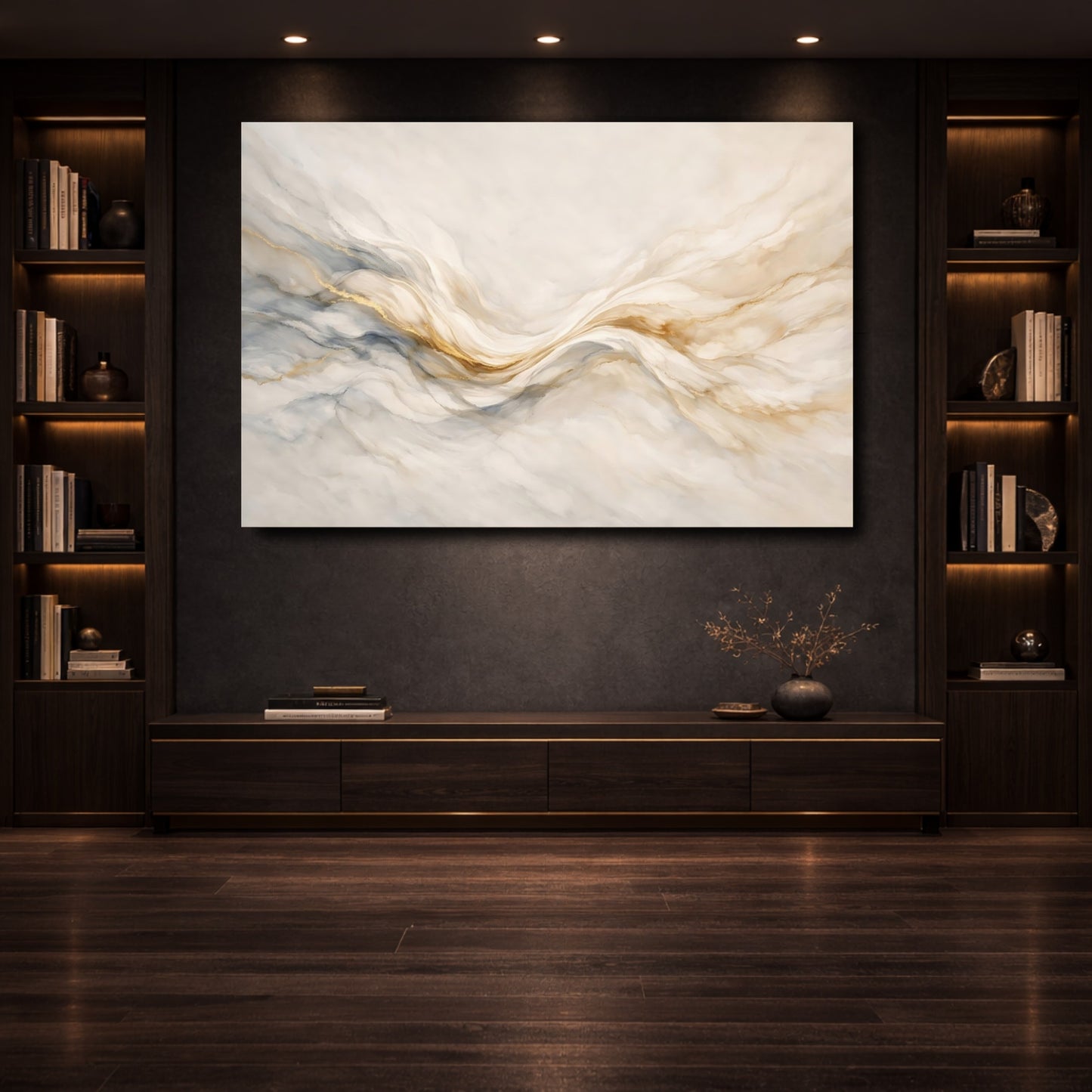 Mockup 3. Abstract Fluid Art Cream Gold Grey shown as stretched canvas wall art