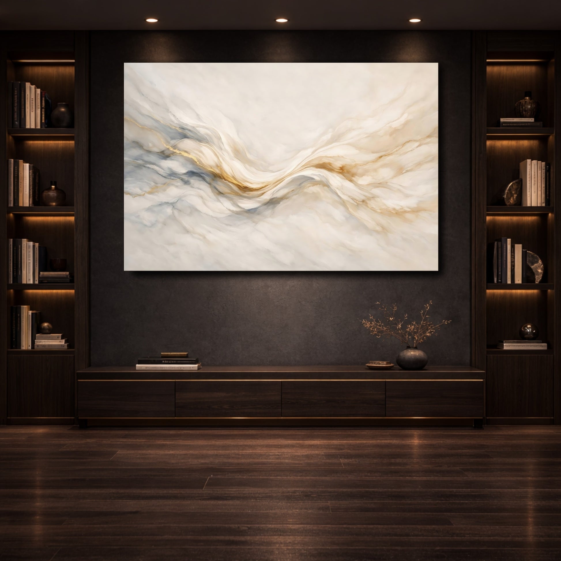 Mockup 3. Abstract Fluid Art Cream Gold Grey shown as stretched canvas wall art