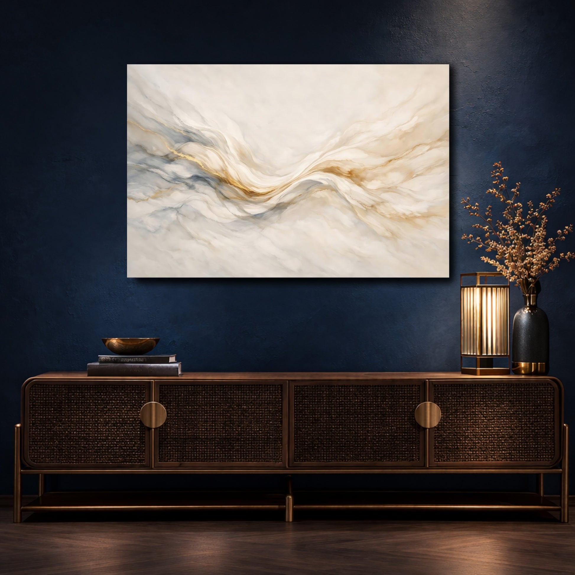Mockup 4. Abstract Fluid Art Cream Gold Grey shown as stretched canvas wall art