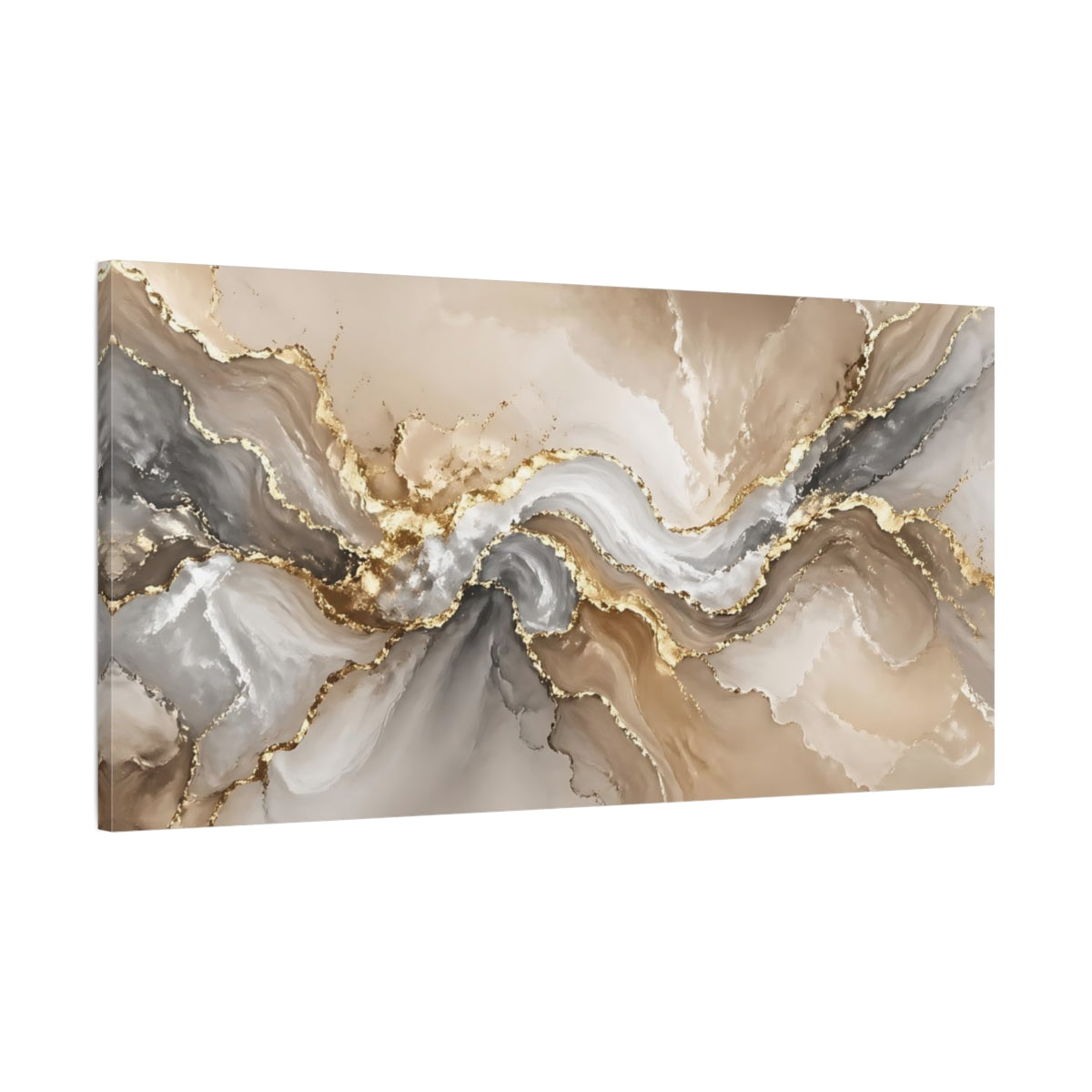 Main Mockup. Abstract Fluid Art Gold And Beige Abstract shown as stretched canvas wall art