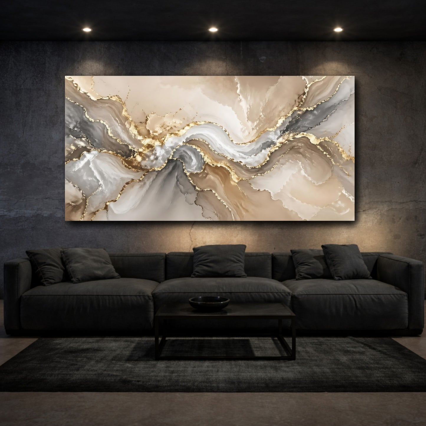 Mockup 2. Abstract Fluid Art Gold And Beige Abstract shown as stretched canvas wall art